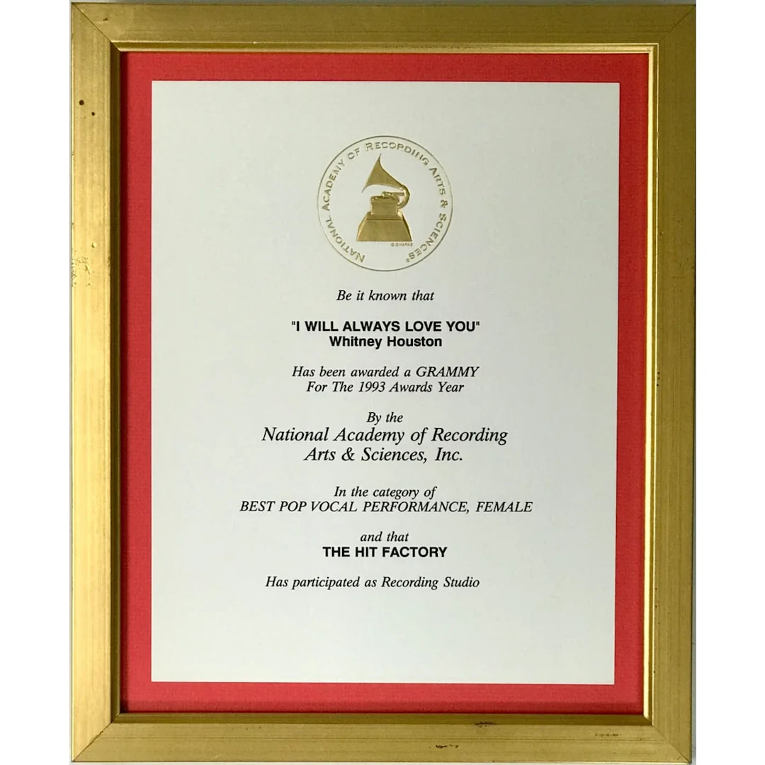 Whitney Houston "I Will Always Love You" 1993 Grammy Win Studio Plaque - RARE