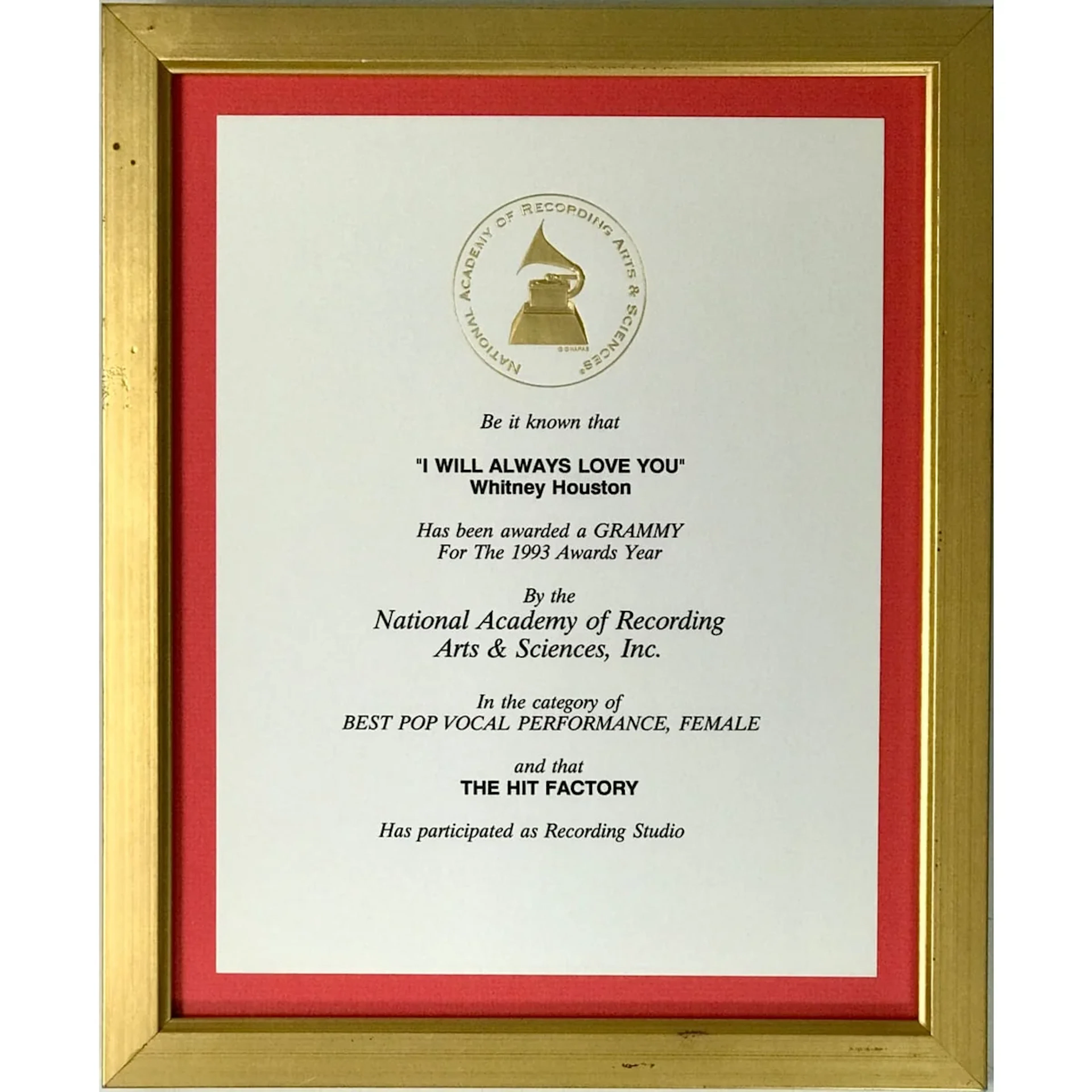 Whitney Houston "I Will Always Love You" 1993 Grammy Win Studio Plaque - RARE