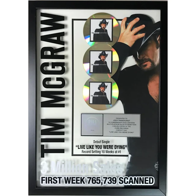 Tim McGraw Live Like You Were Dying RIAA 3x Multi-Platinum Album Award