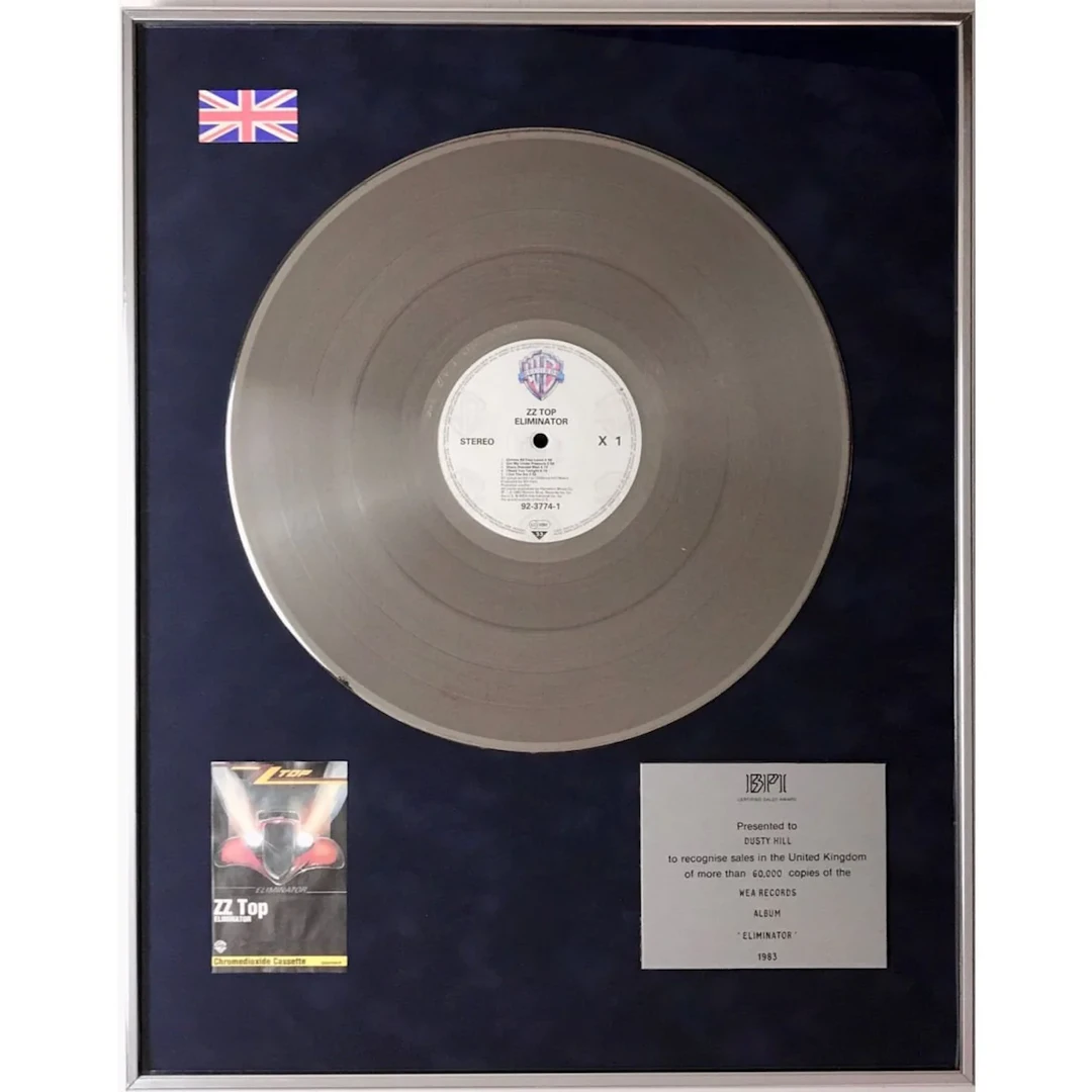 ZZ Top Eliminator 1983 BPI Silver Album Award presented to Dusty Hill - RARE