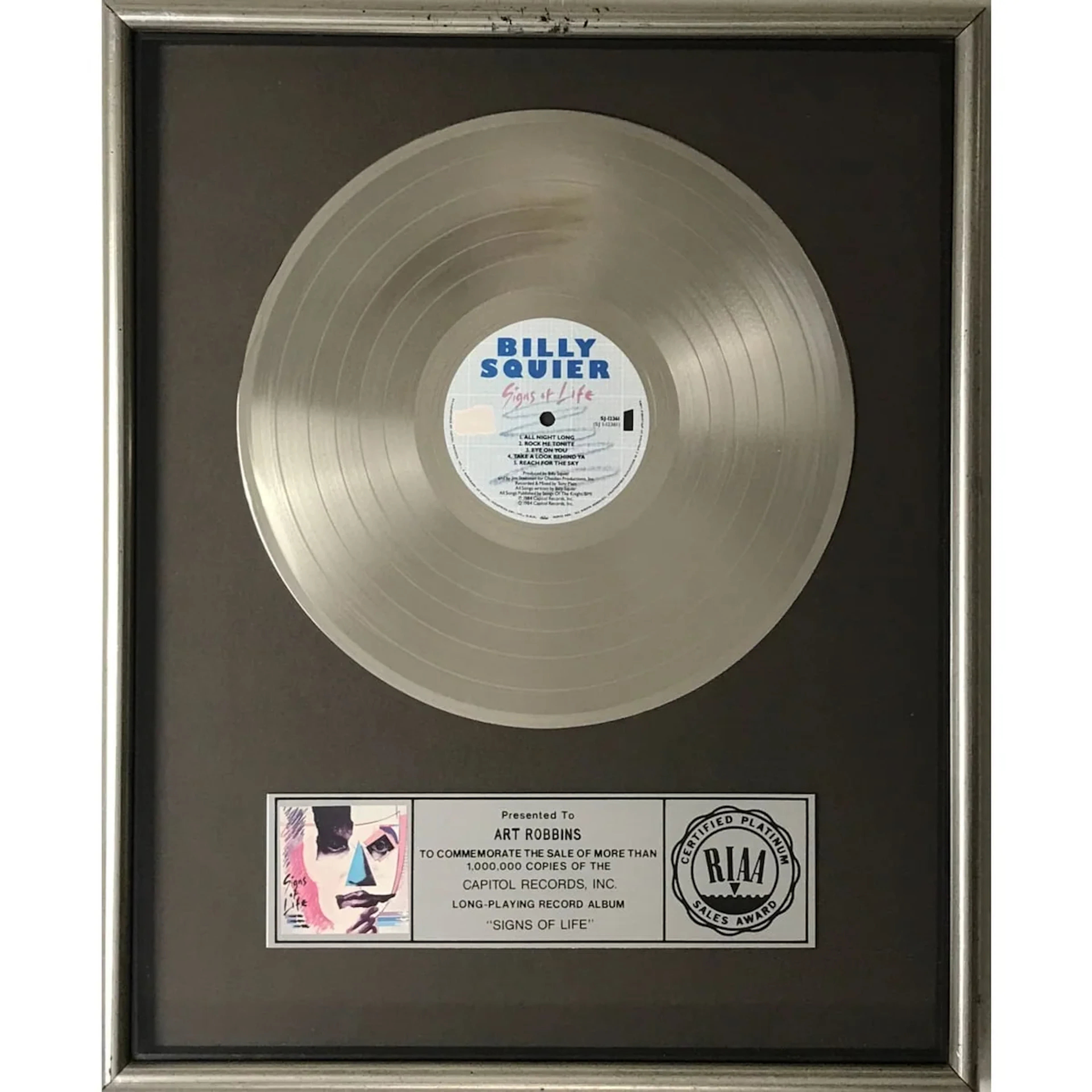 Billy Squier Signs Of Life RIAA Platinum Album Award