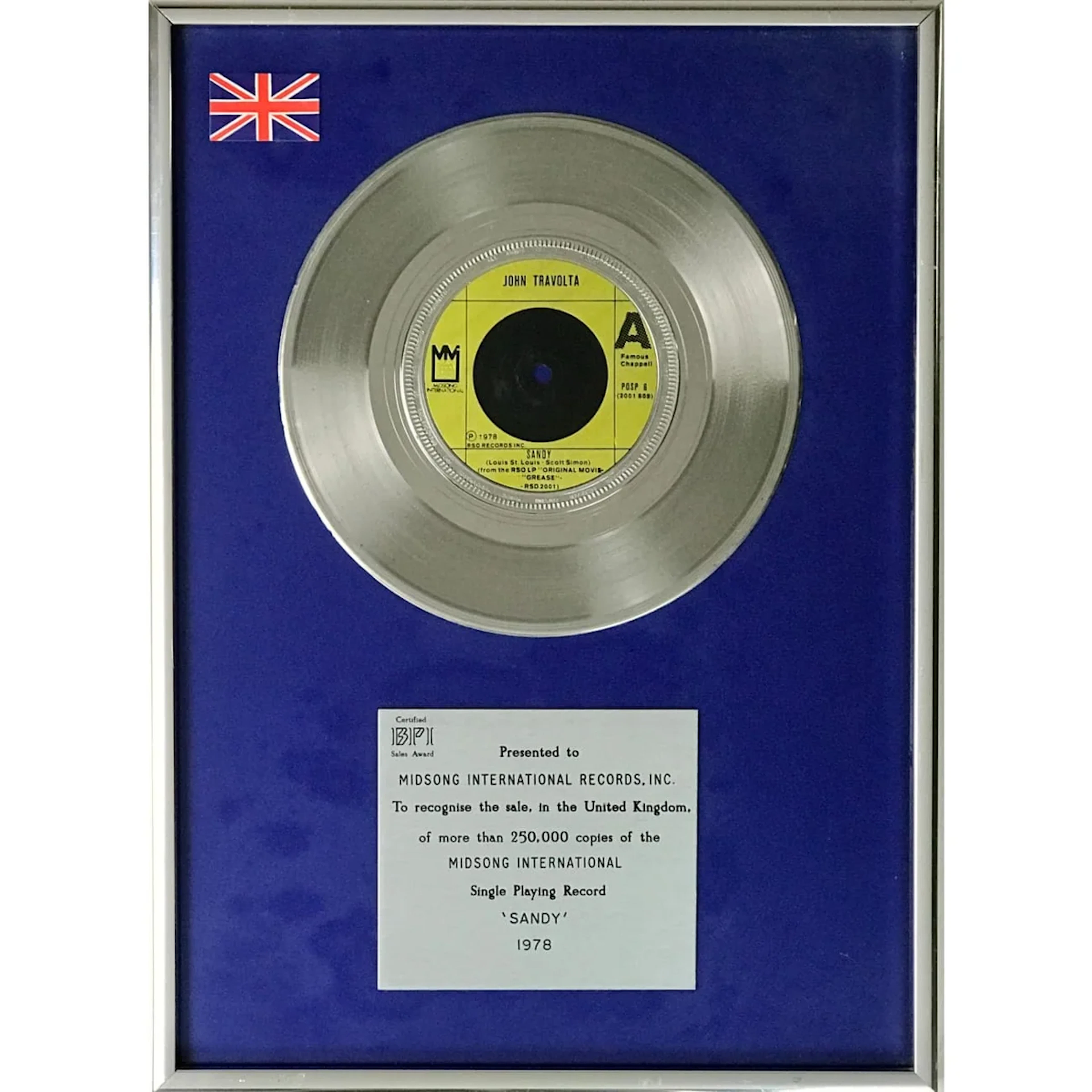 John Travolta "Sandy" from Grease BPI 1978 Silver Single Award