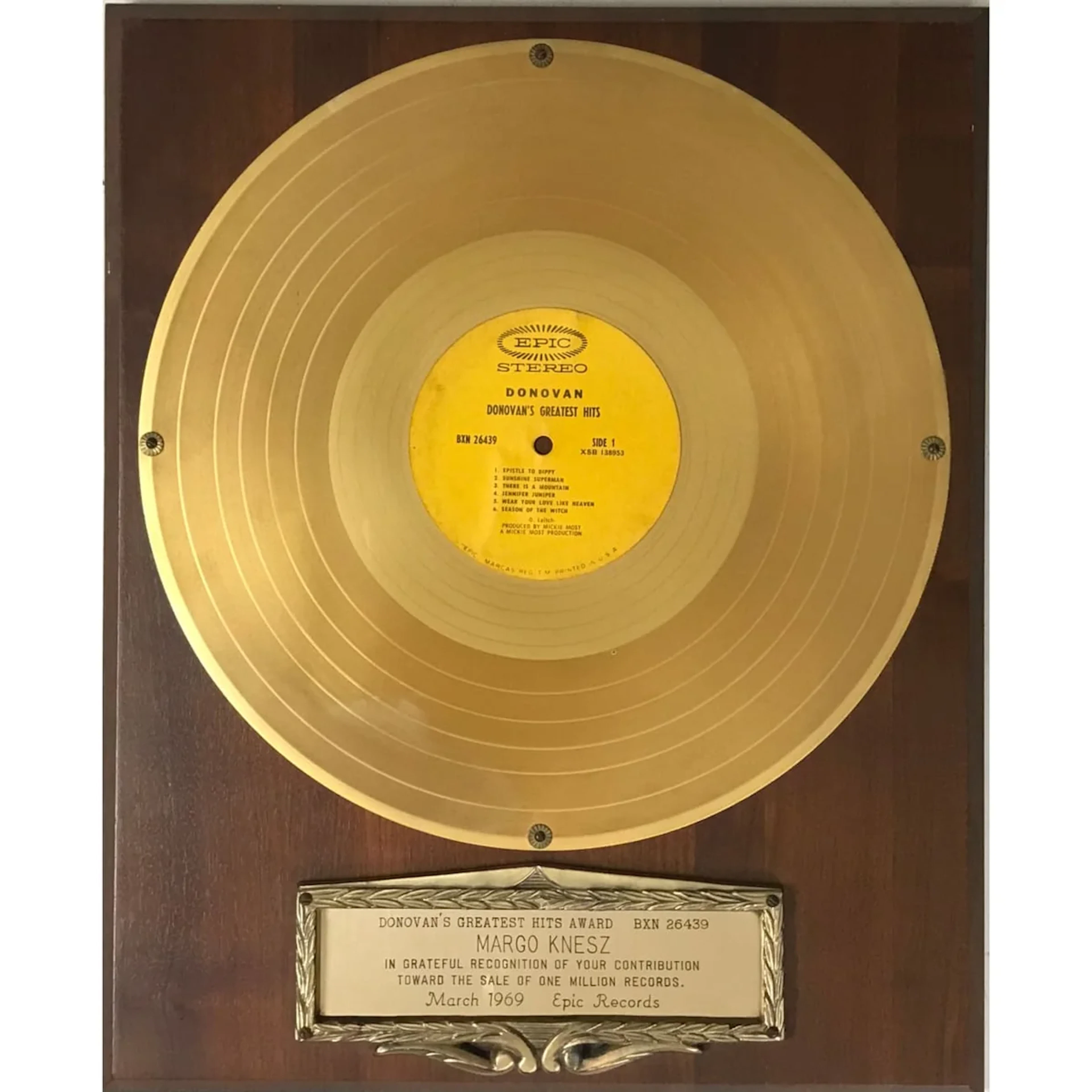 Donovan Greatest Hits 1969 Epic Records Award - RARE