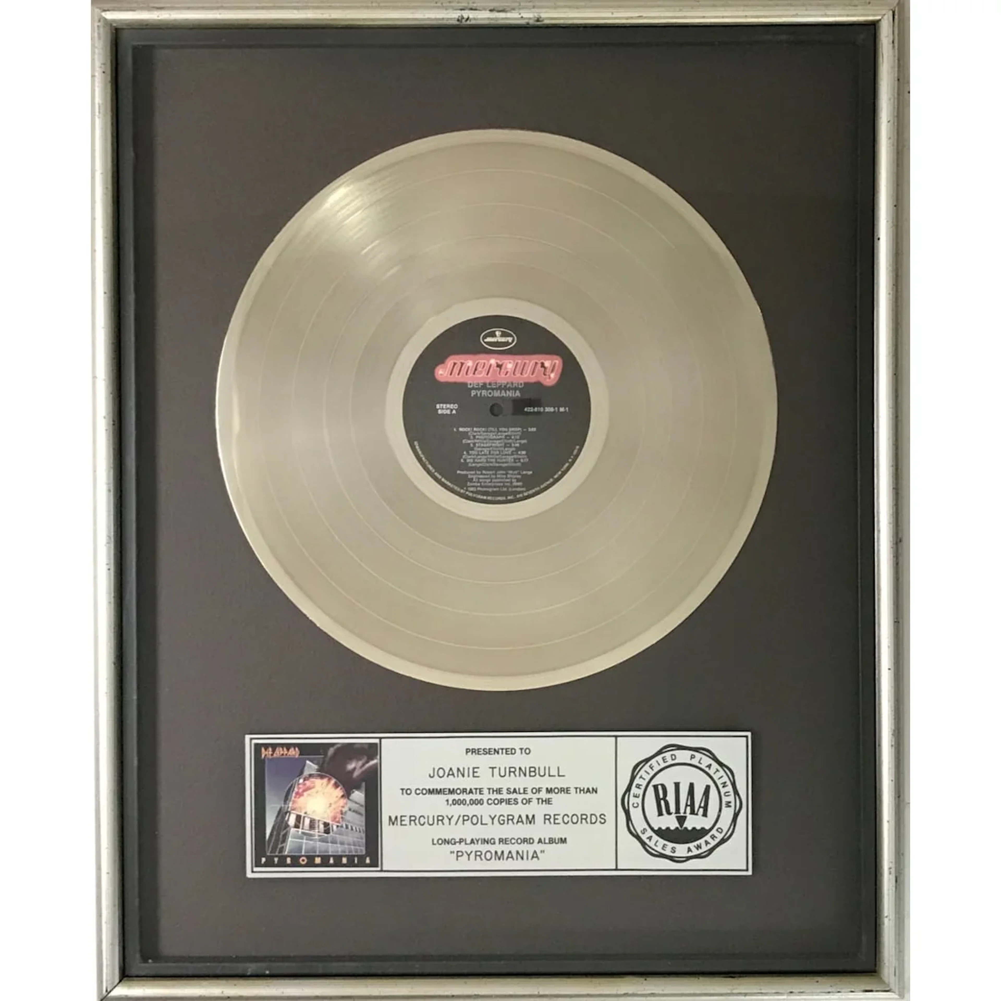 Def Leppard Pyromania RIAA Platinum Album Award
