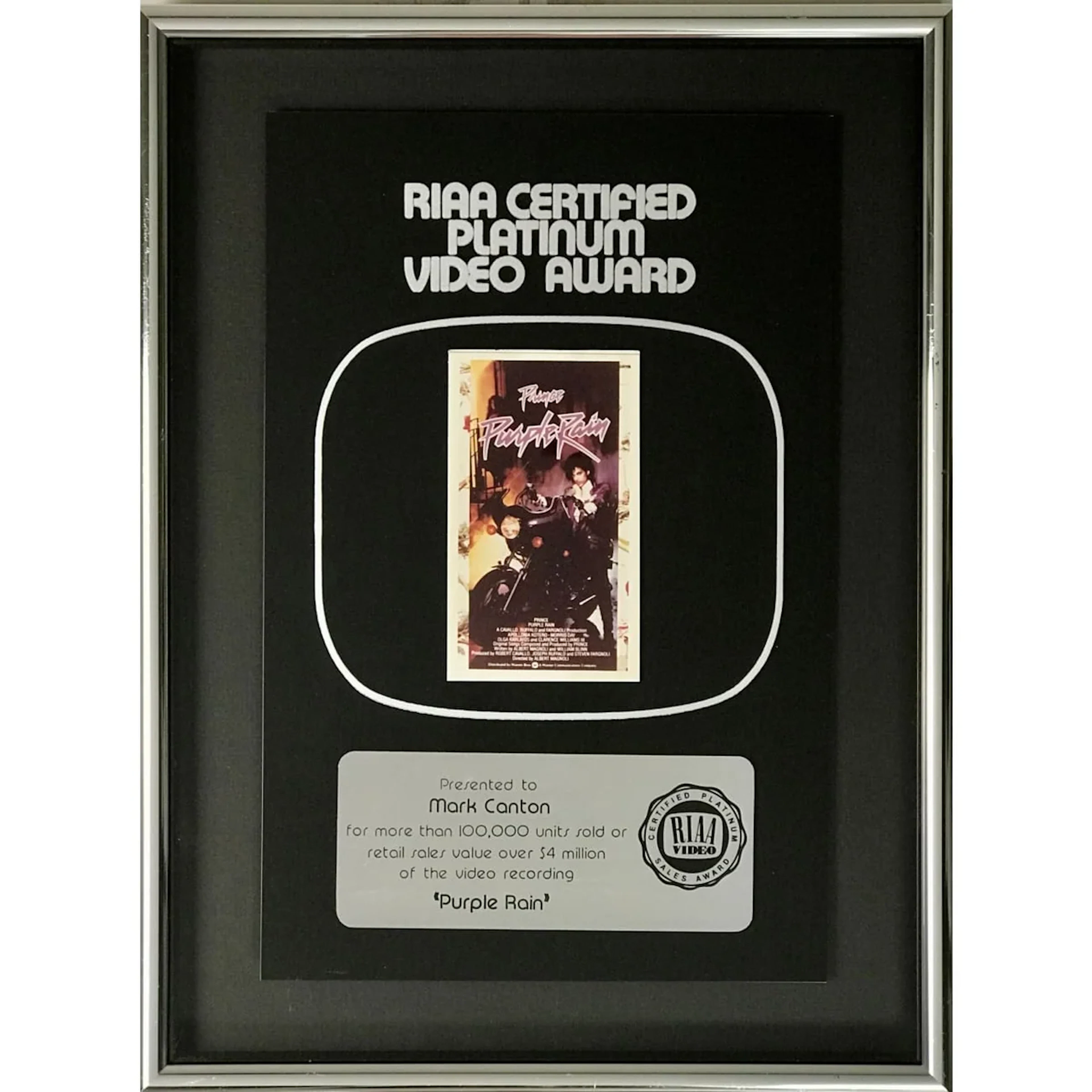 Prince Purple Rain RIAA Platinum Video Award