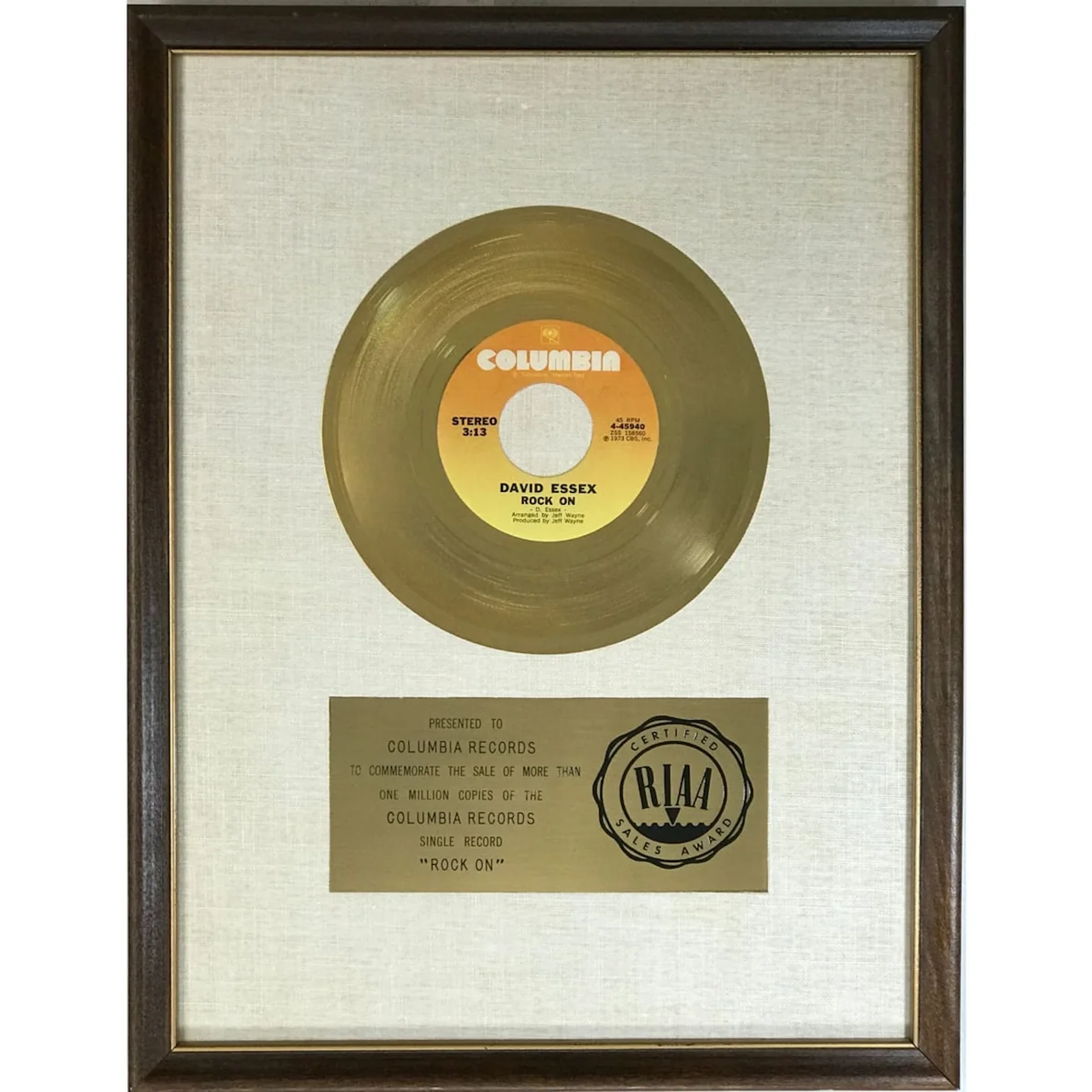David Essex "Rock On" RIAA Gold Single 45 Award - RARE
