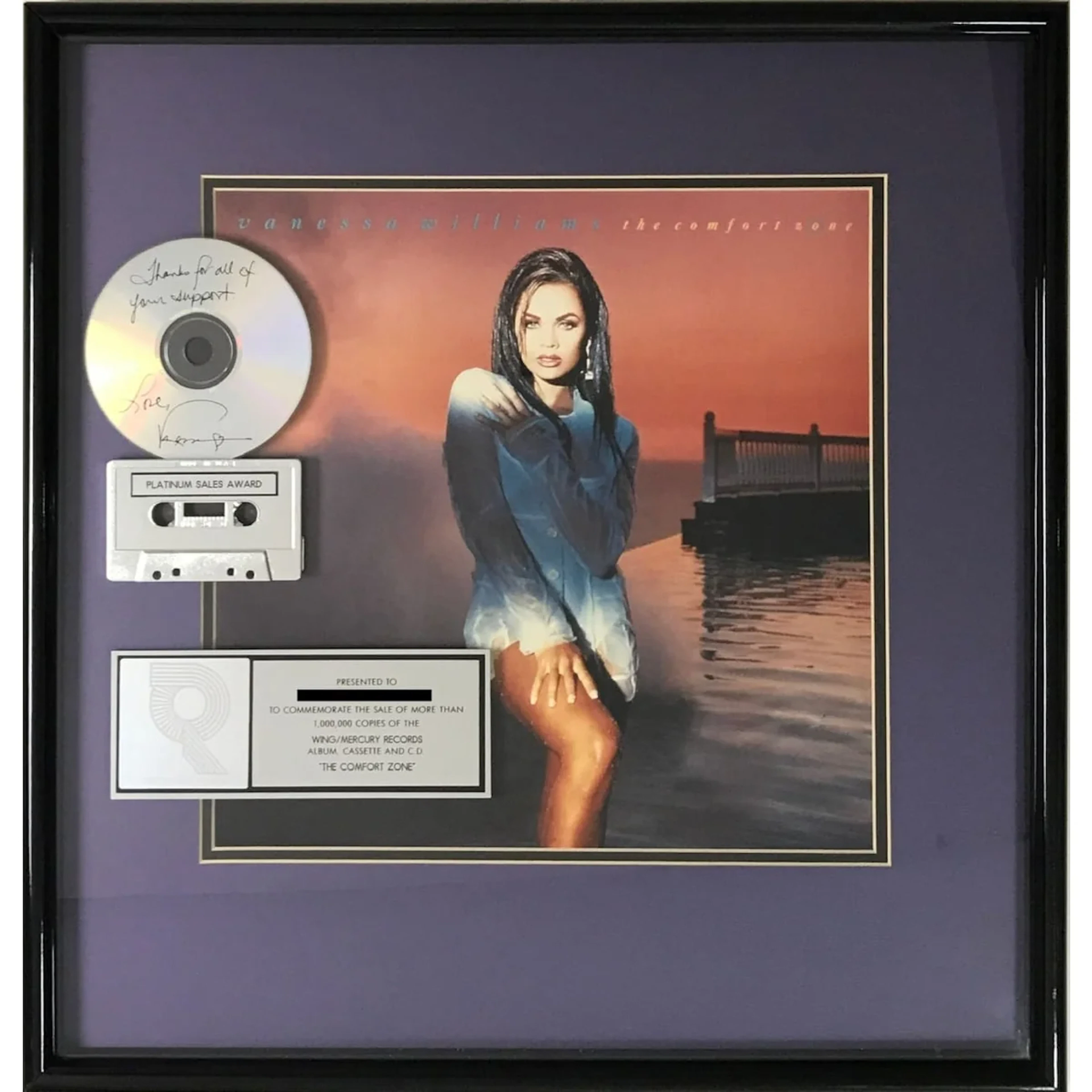 Vanessa Williams The Comfort Zone RIAA Platinum Album Award