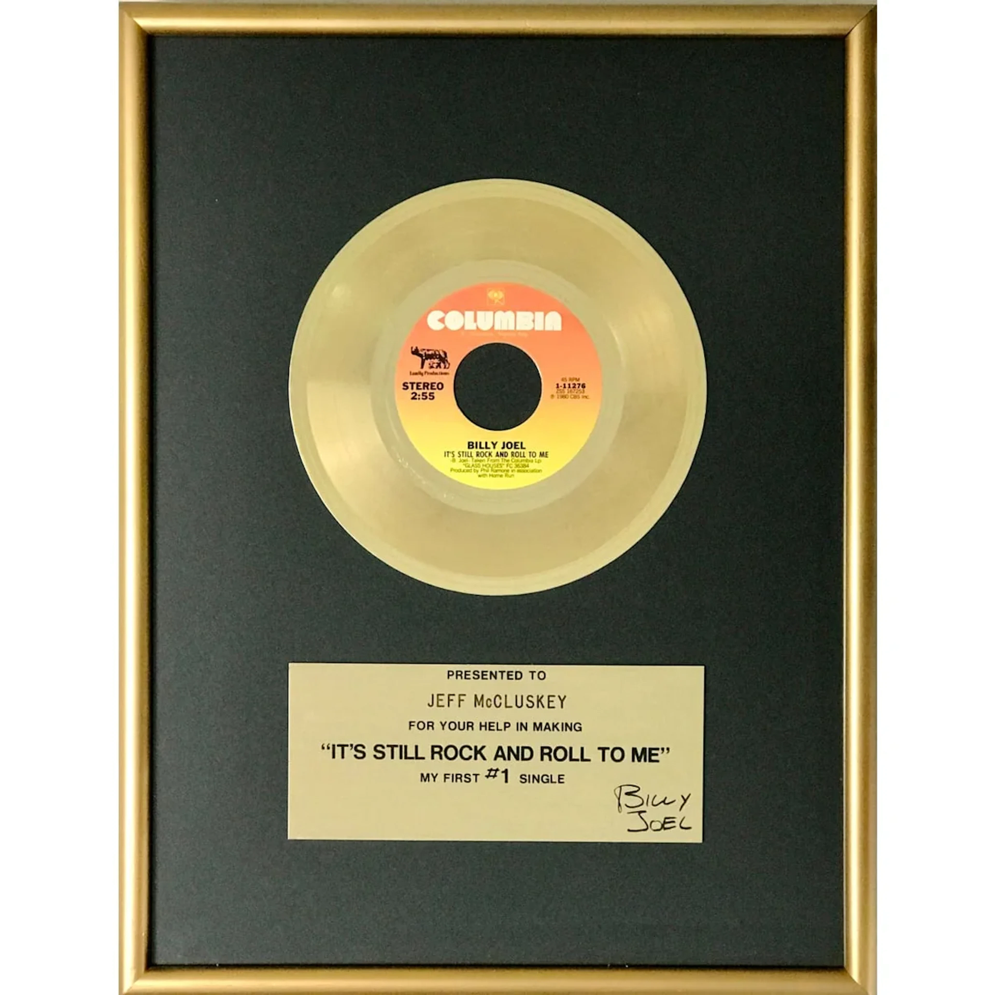 Billy Joel "It's Still Rock And Roll To Me" 45 label award