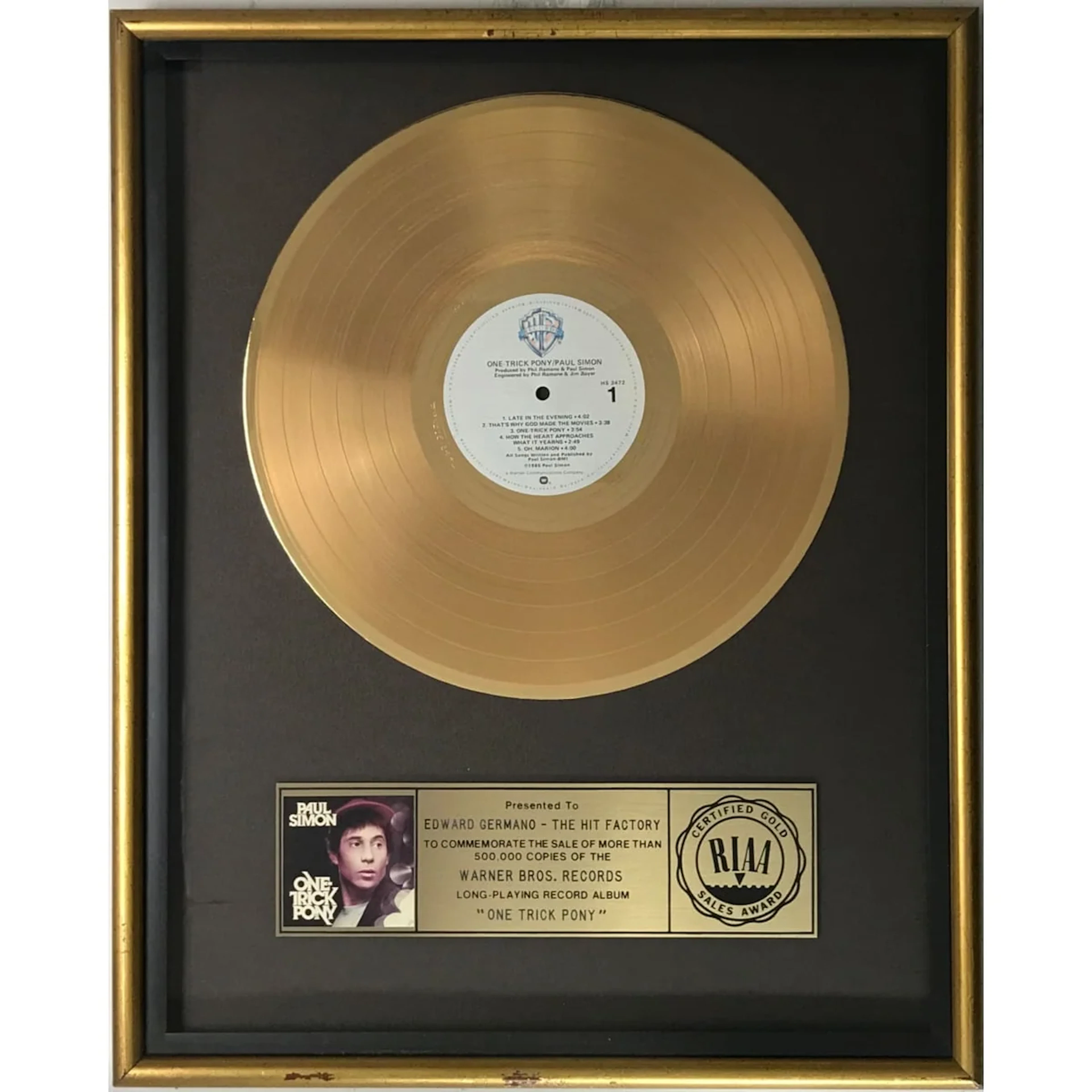 Paul Simon One-Trick Pony RIAA Gold Album Award