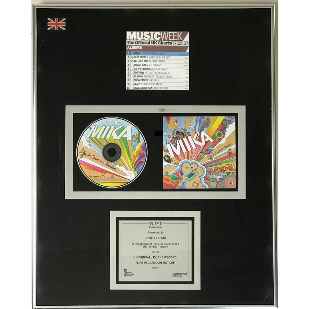MIKA Life In Cartoon Motion BPI Platinum Album Award