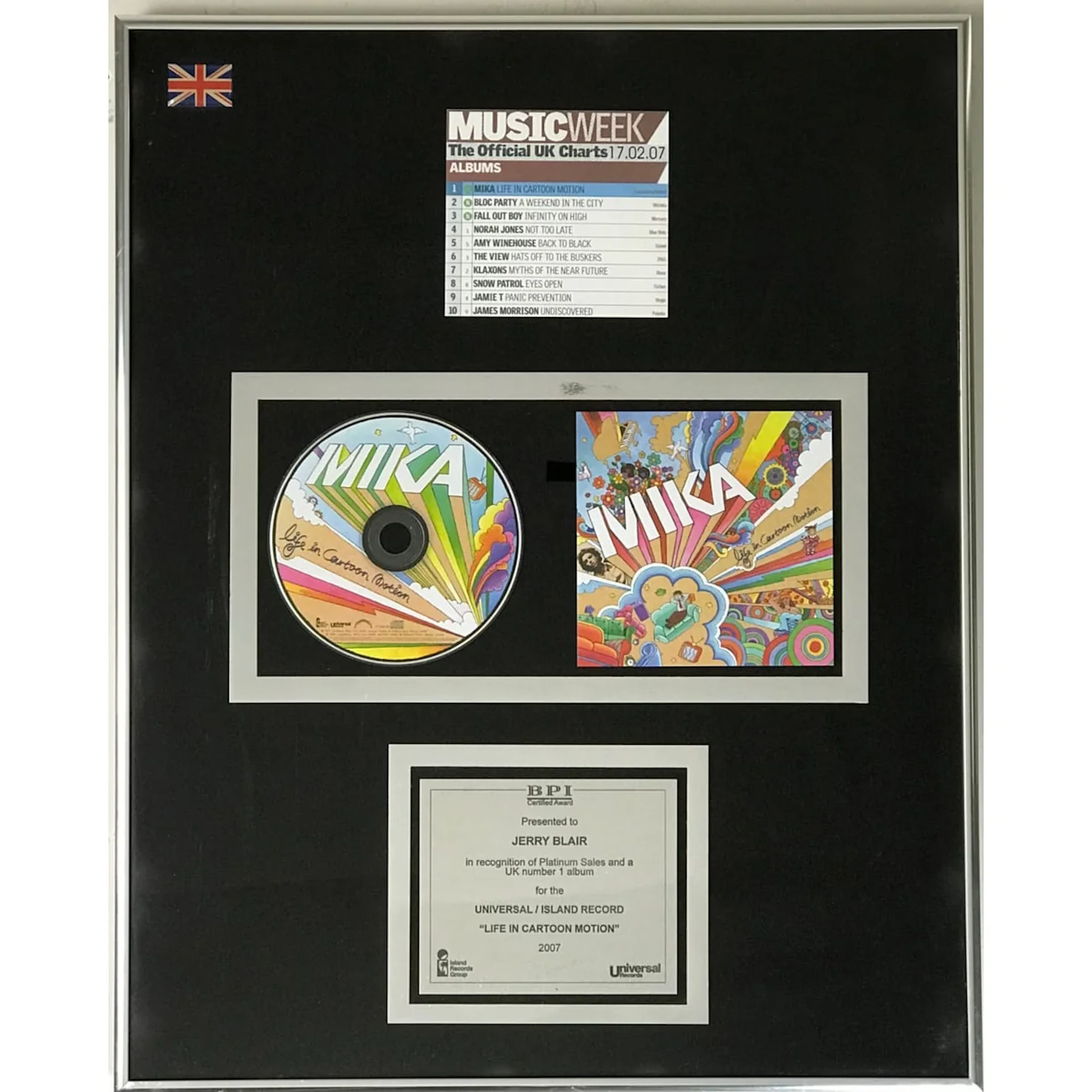 MIKA Life In Cartoon Motion BPI Platinum Album Award