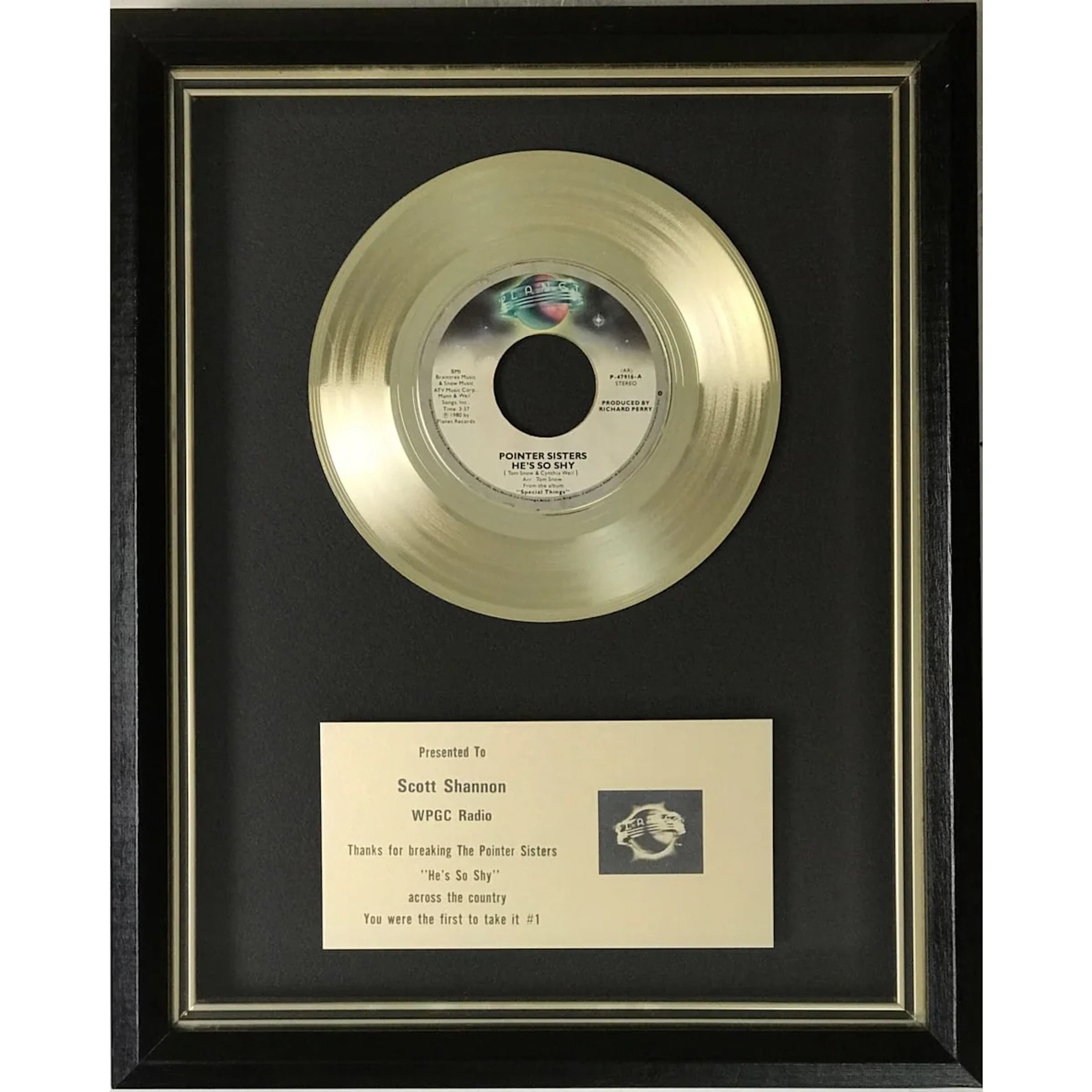 Pointer Sisters "He's So Shy" 1980 Planet Records label award