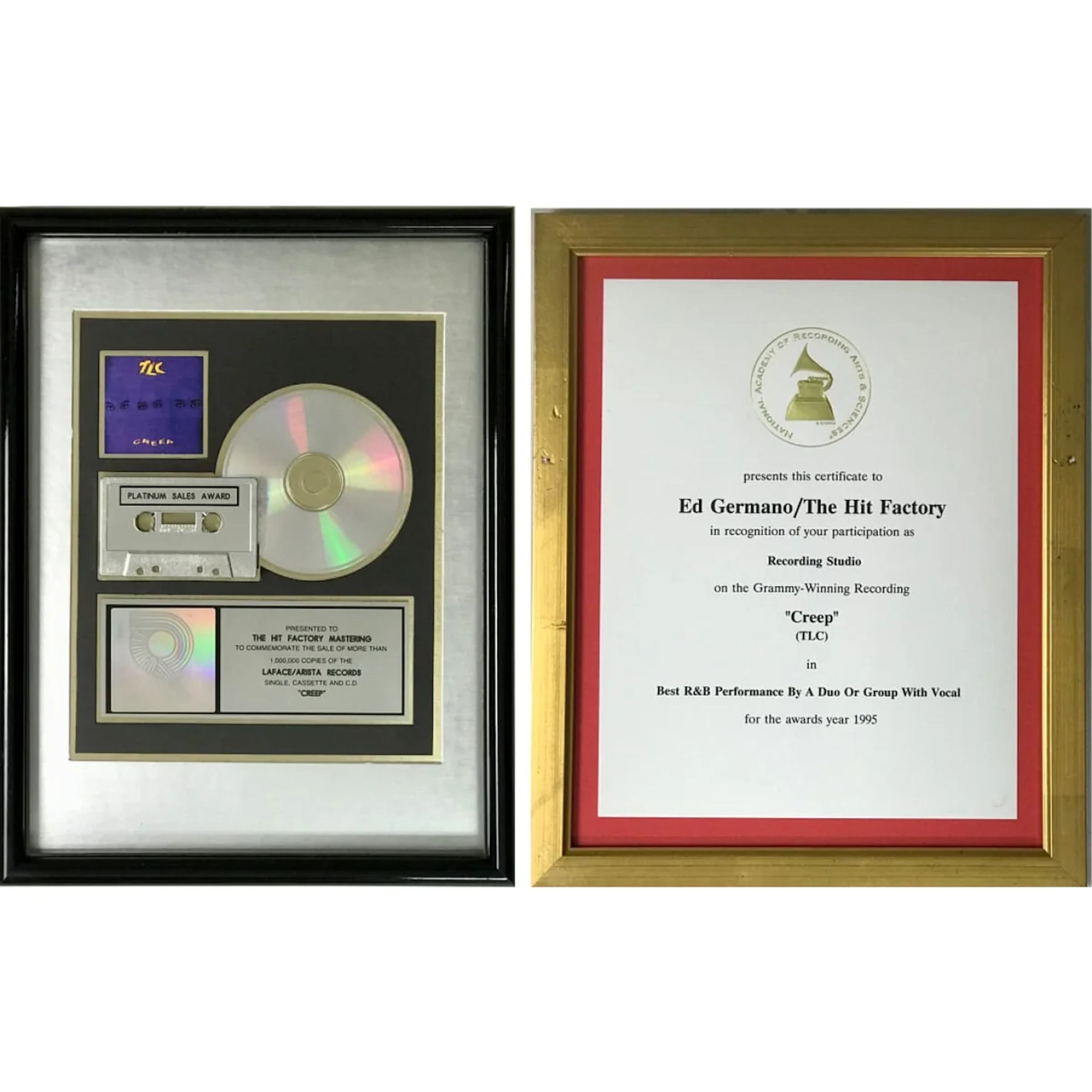 TLC "Creep" RIAA Platinum Single Award + Grammy Win Certificate - RARE