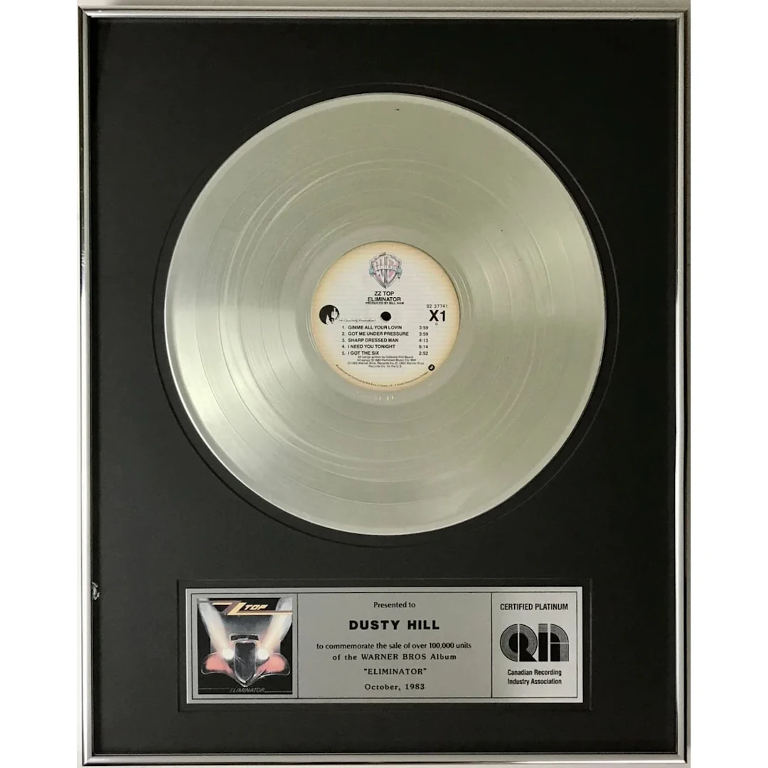 ZZ Top Eliminator 1983 CRIA Platinum Album Award presented to Dusty Hill - RARE