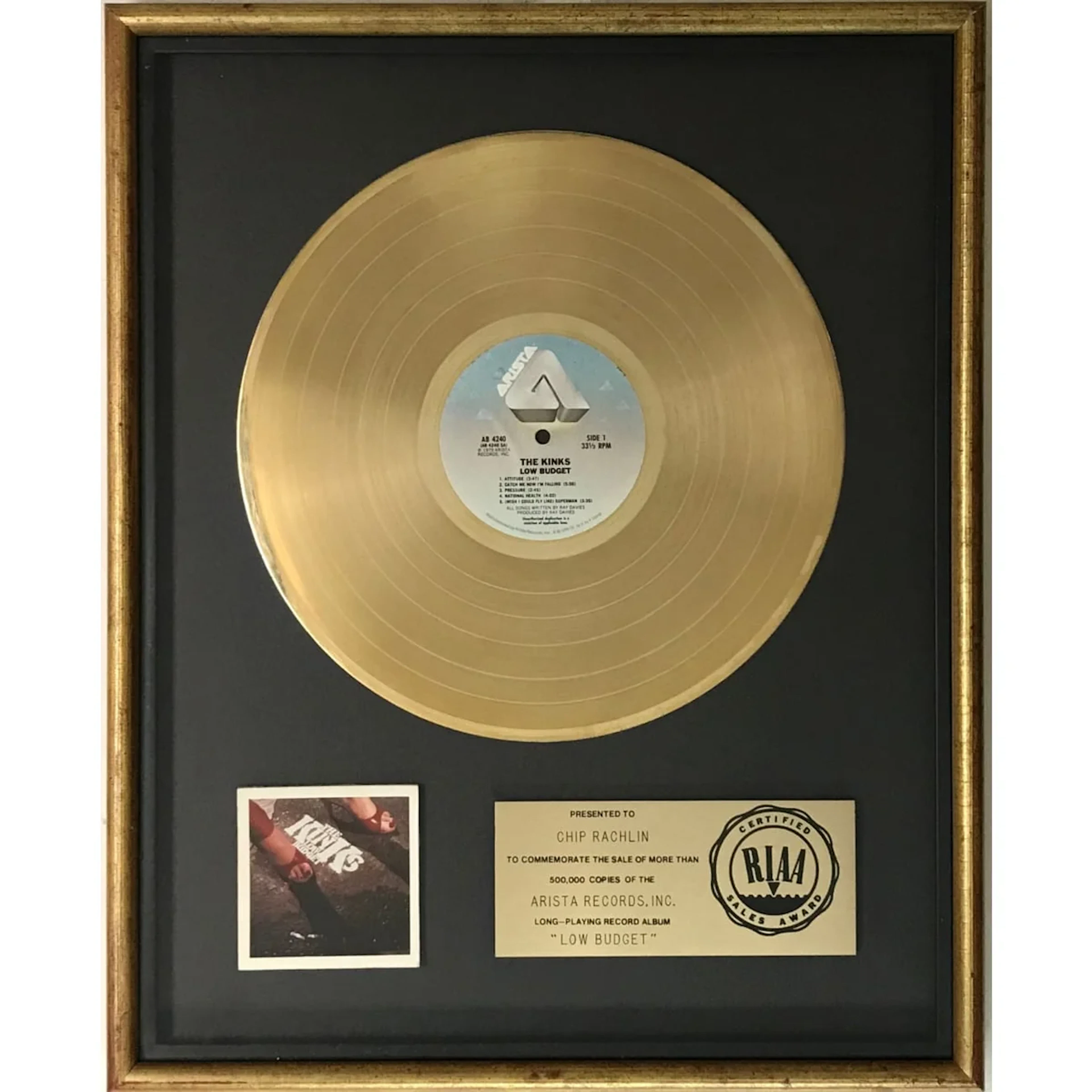 The Kinks Low Budget RIAA Gold Album Award