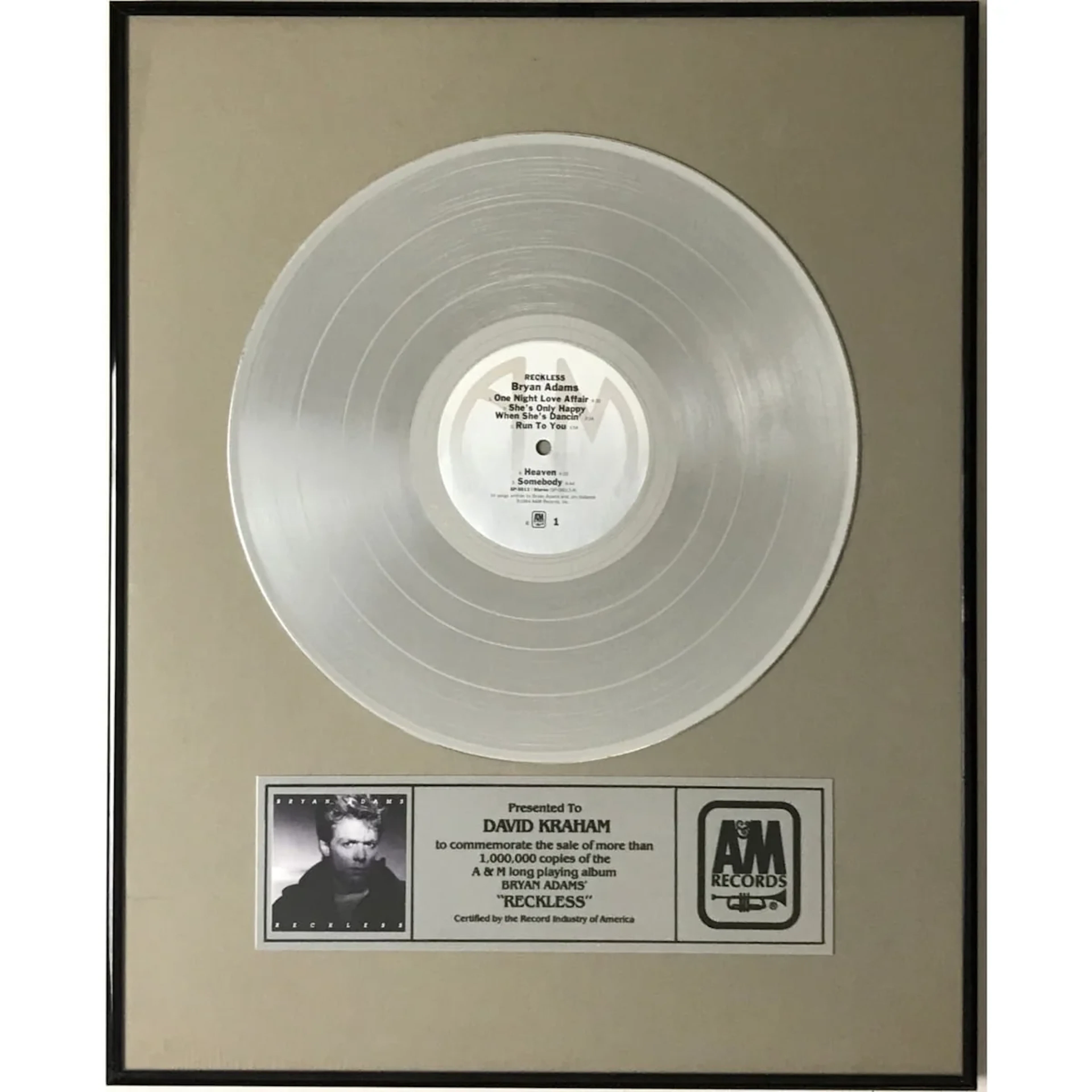 Bryan Adams Reckless A&M Records Award