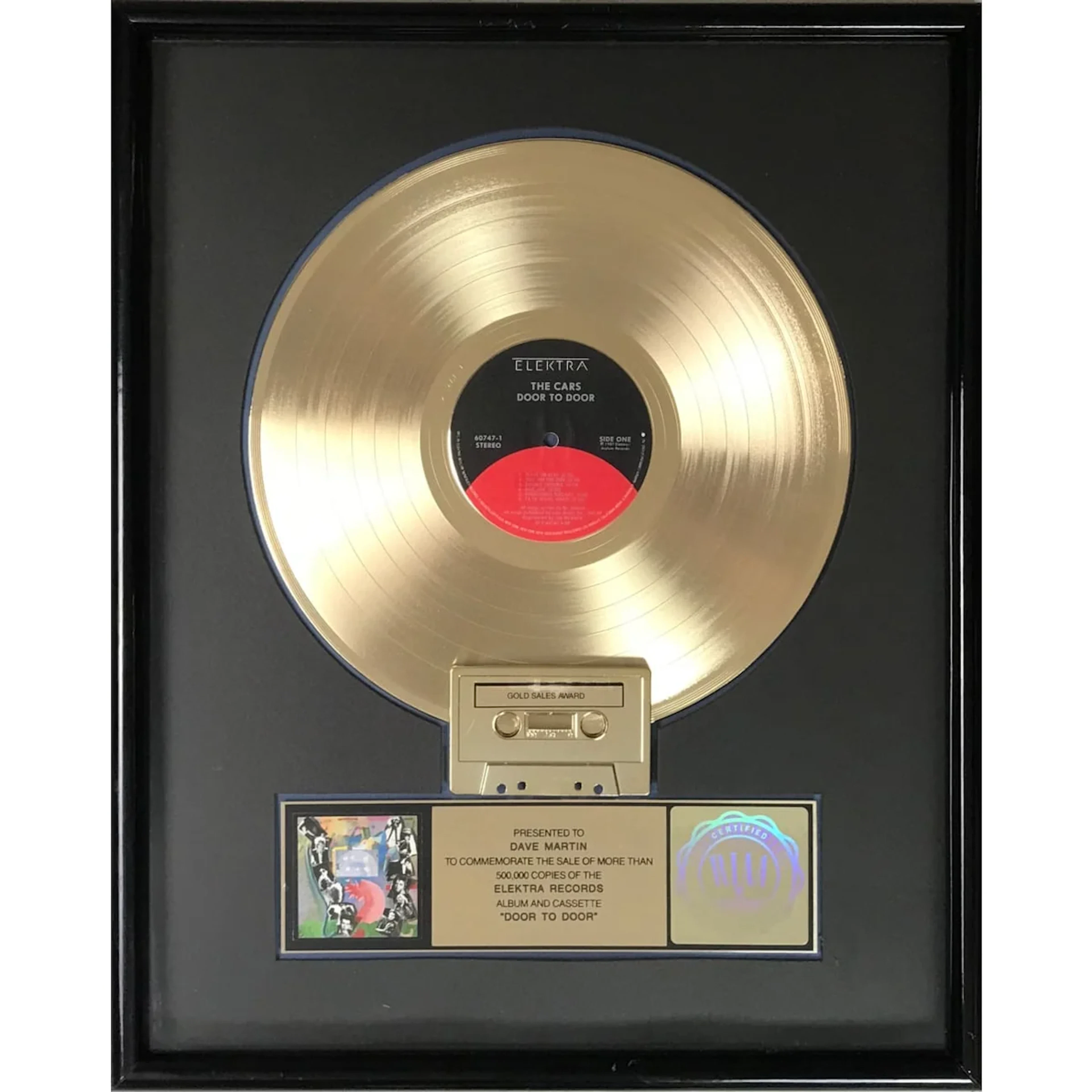 The Cars Door To Door RIAA Gold LP Award