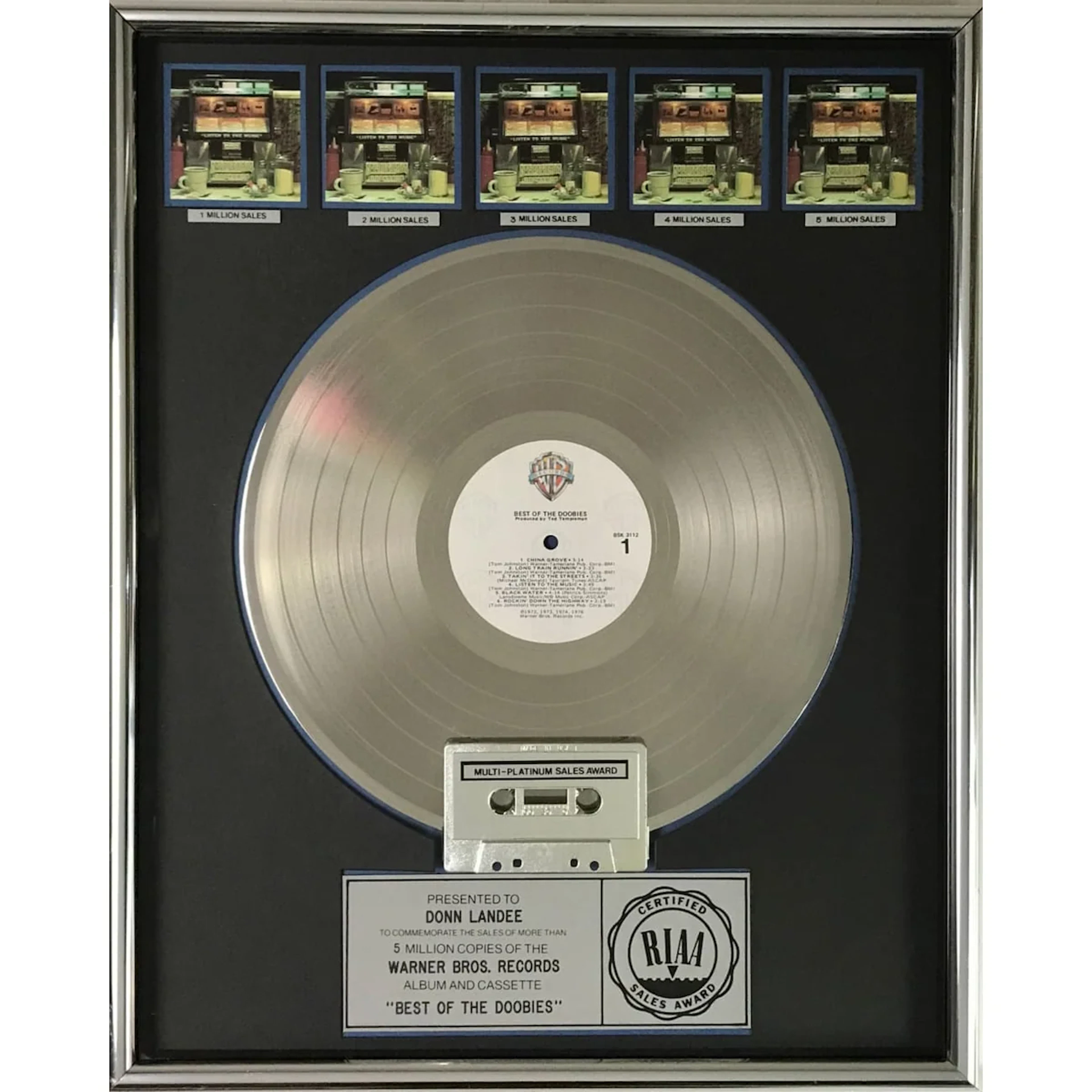 The Doobie Brothers Best Of The Doobies RIAA 5x Multi-Platinum Album Award
