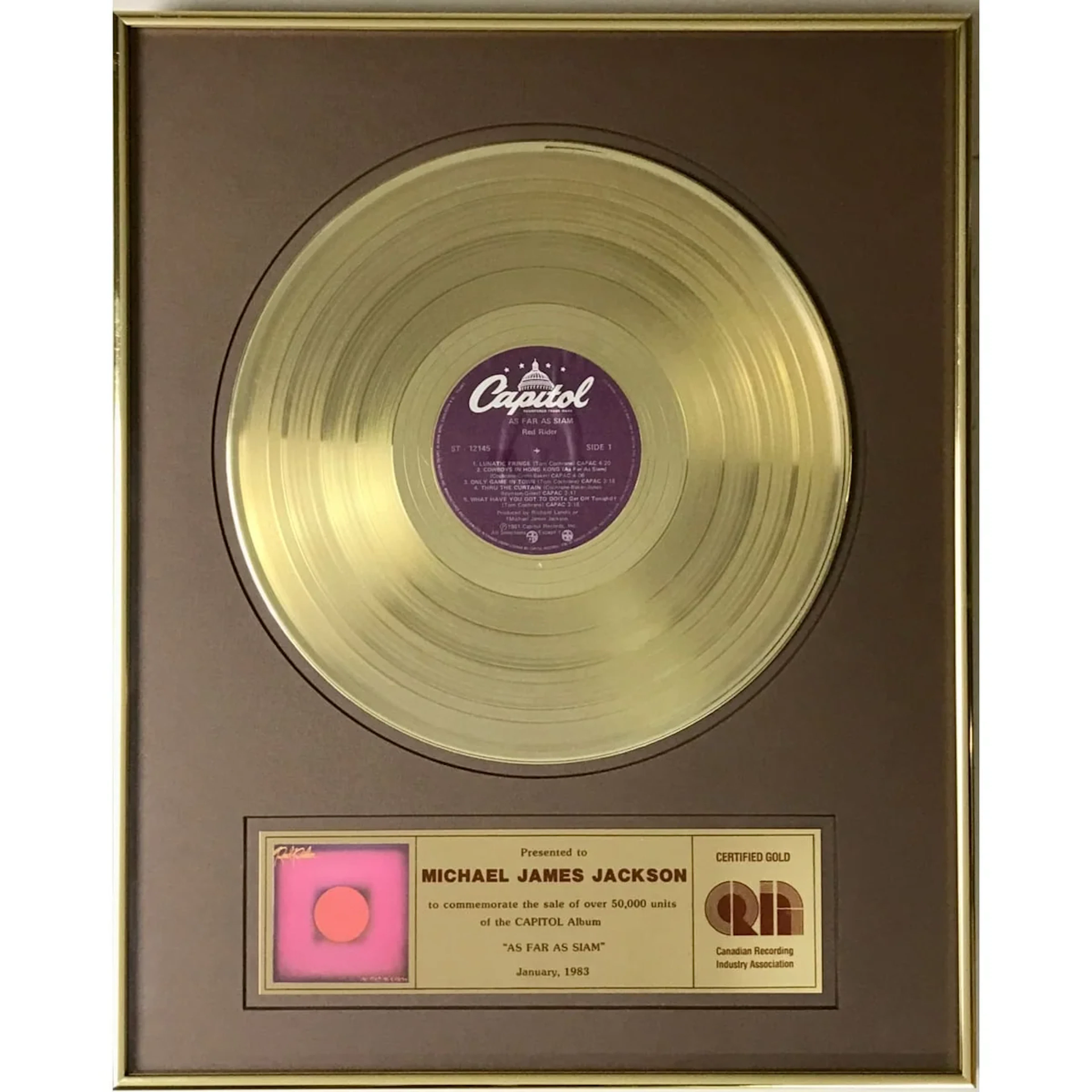 Red Rider As Far As Siam CRIA Gold Album Award