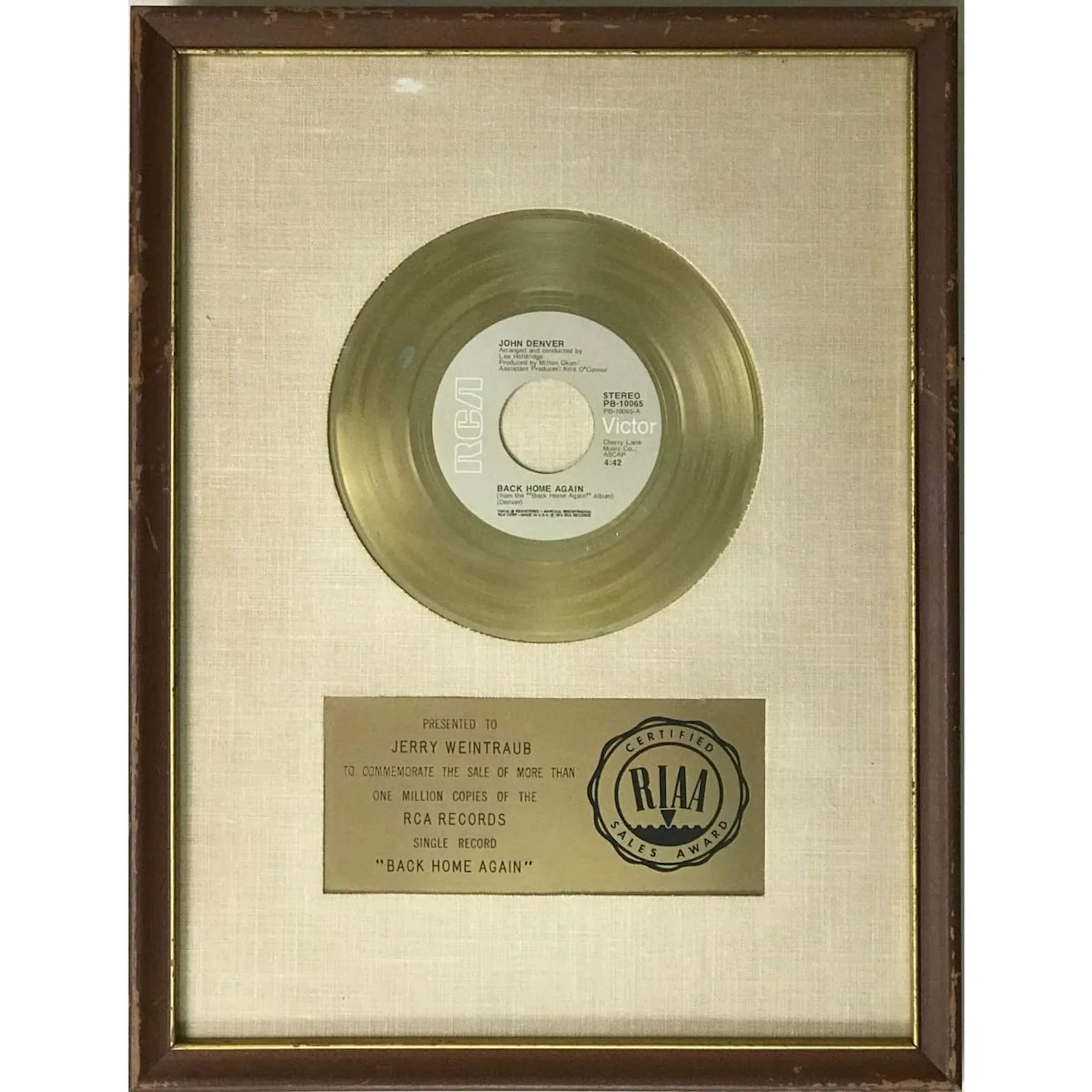 John Denver "Back Home Again" RIAA Gold 45 Award - RARE