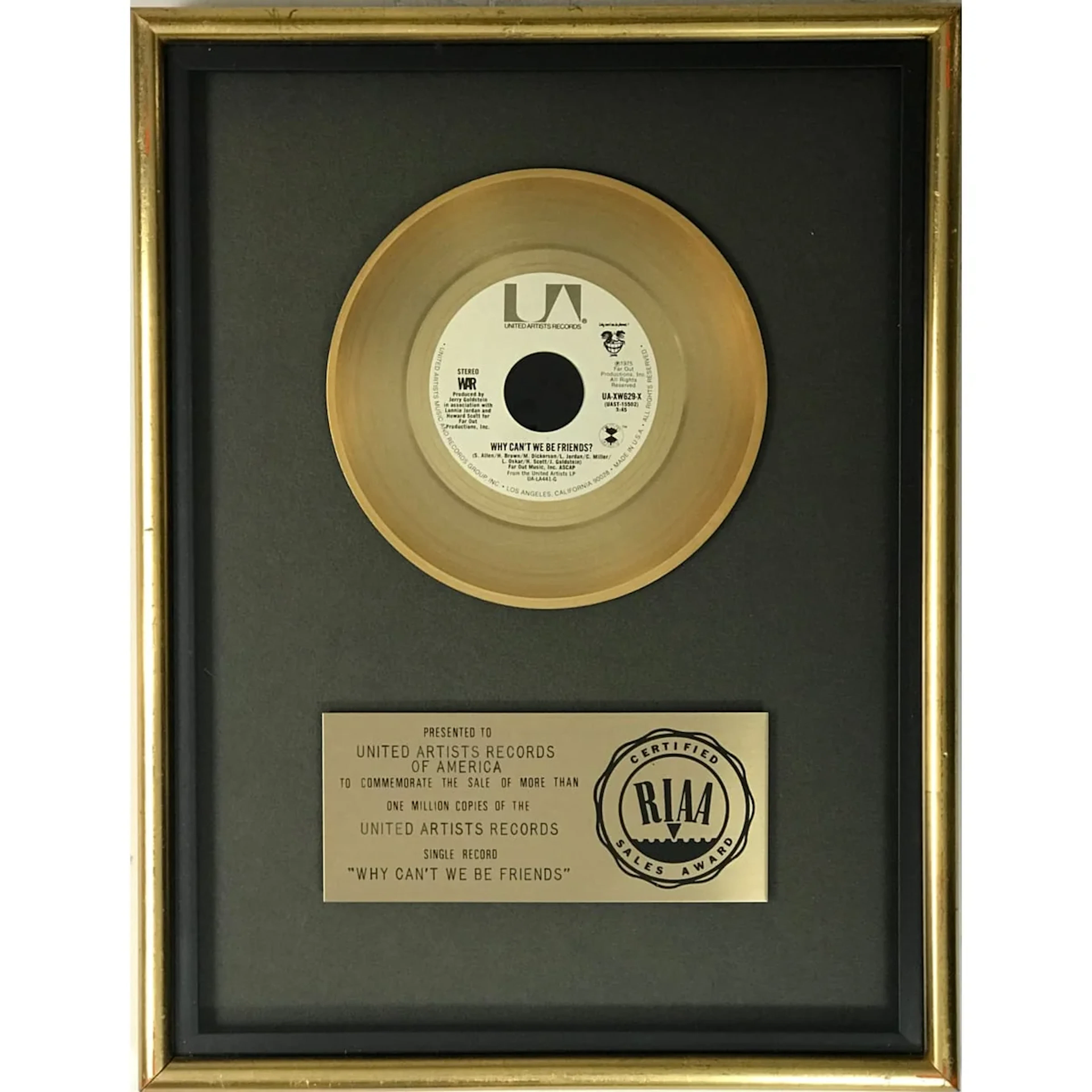 War "Why Can't We Be Friends?" RIAA Gold Single Award