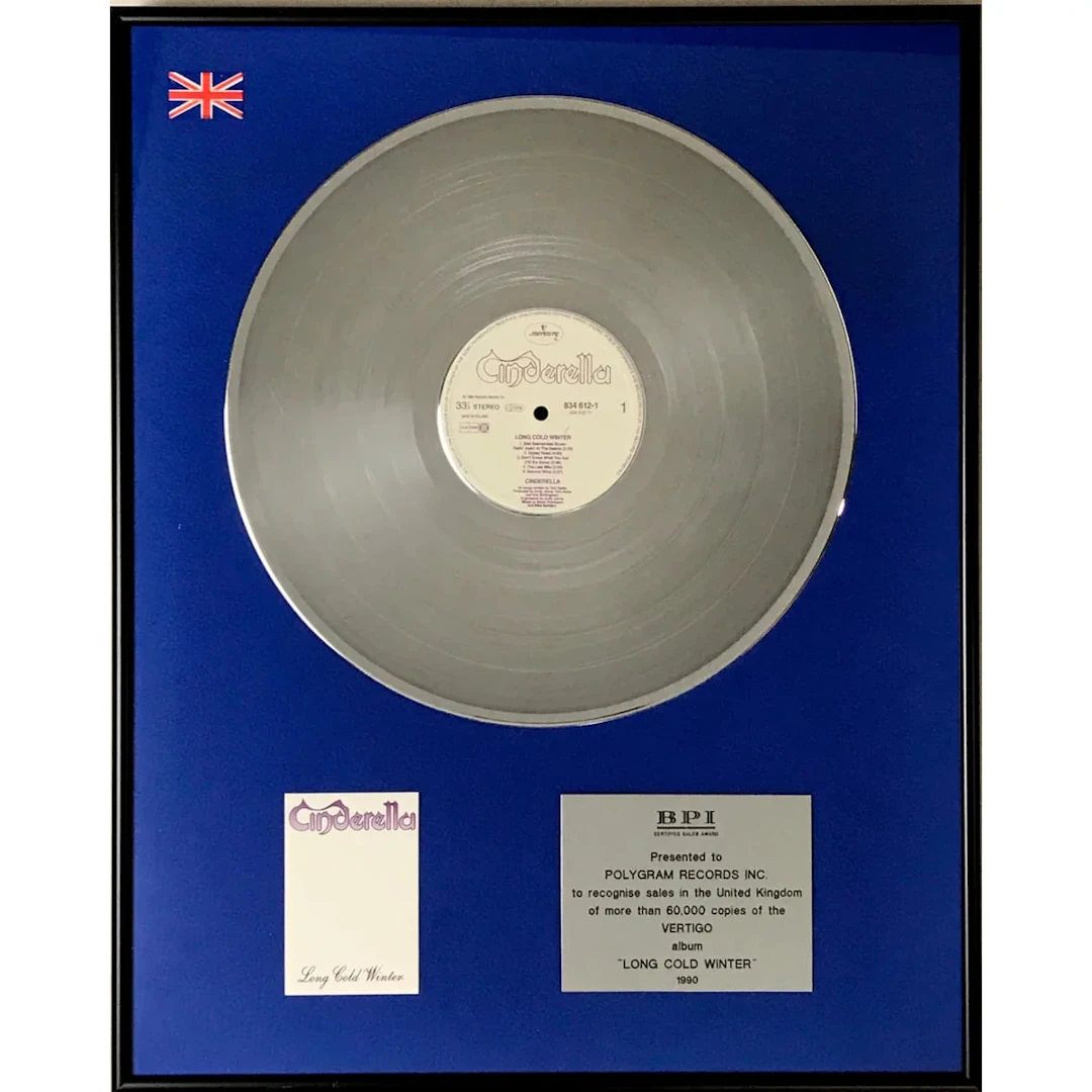 Cinderella Long Cold Winter BPI 1990 Silver LP Award