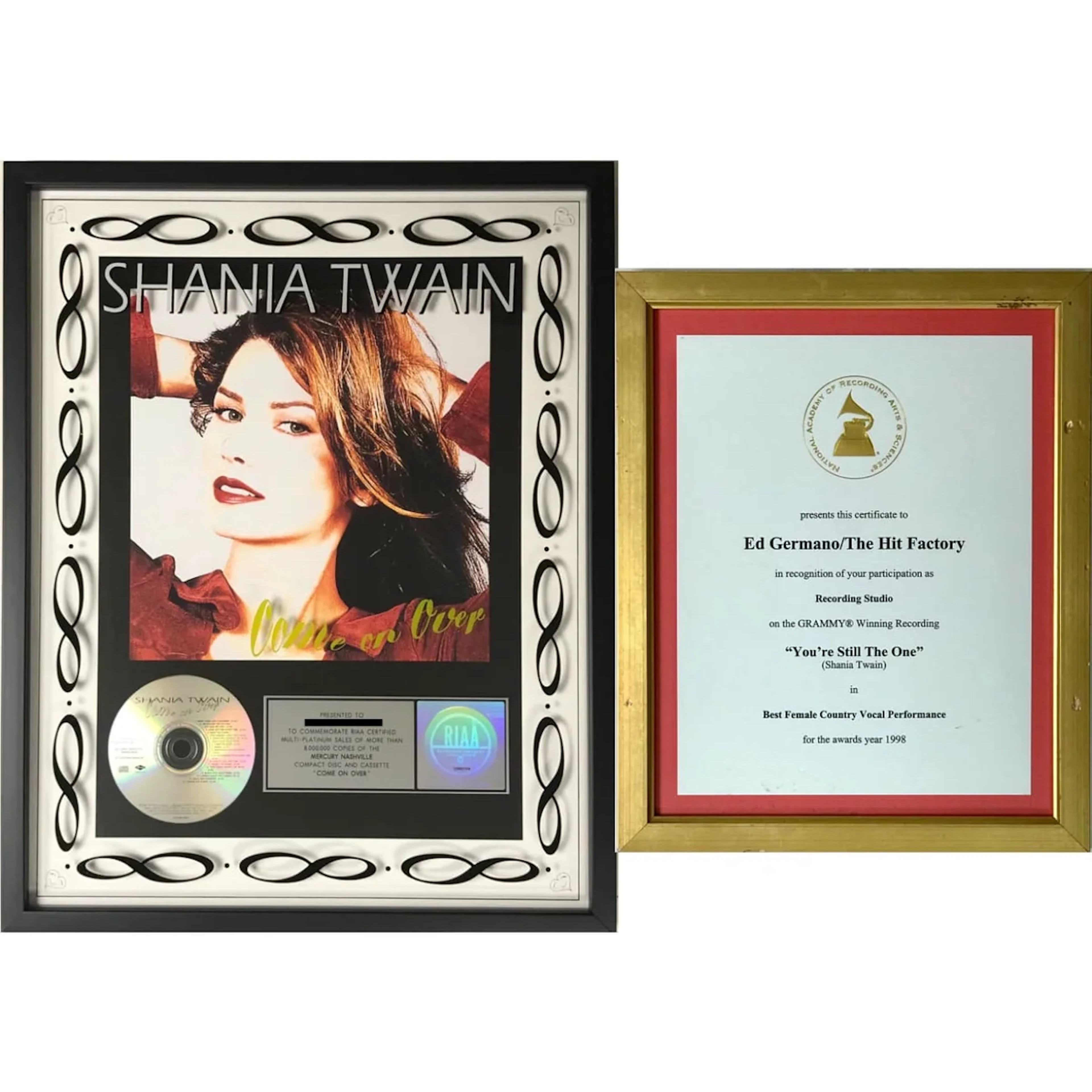 Shania Twain Come On Over RIAA 8x Multi-Platinum Album Award + Grammy
