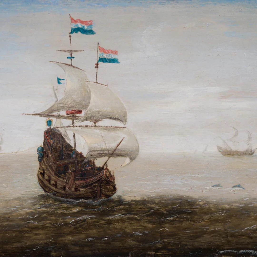 Cornelis Verbeeck - Dutch Vessel Passing a Rocky Headland with Dolphins