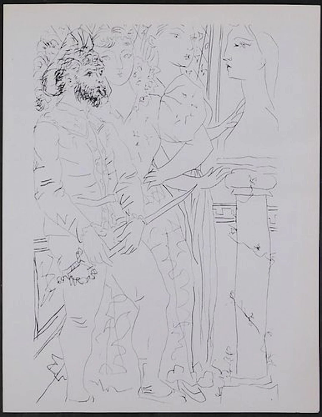 Style of Pablo Picasso: Costumed figures and sculpted Head and Four