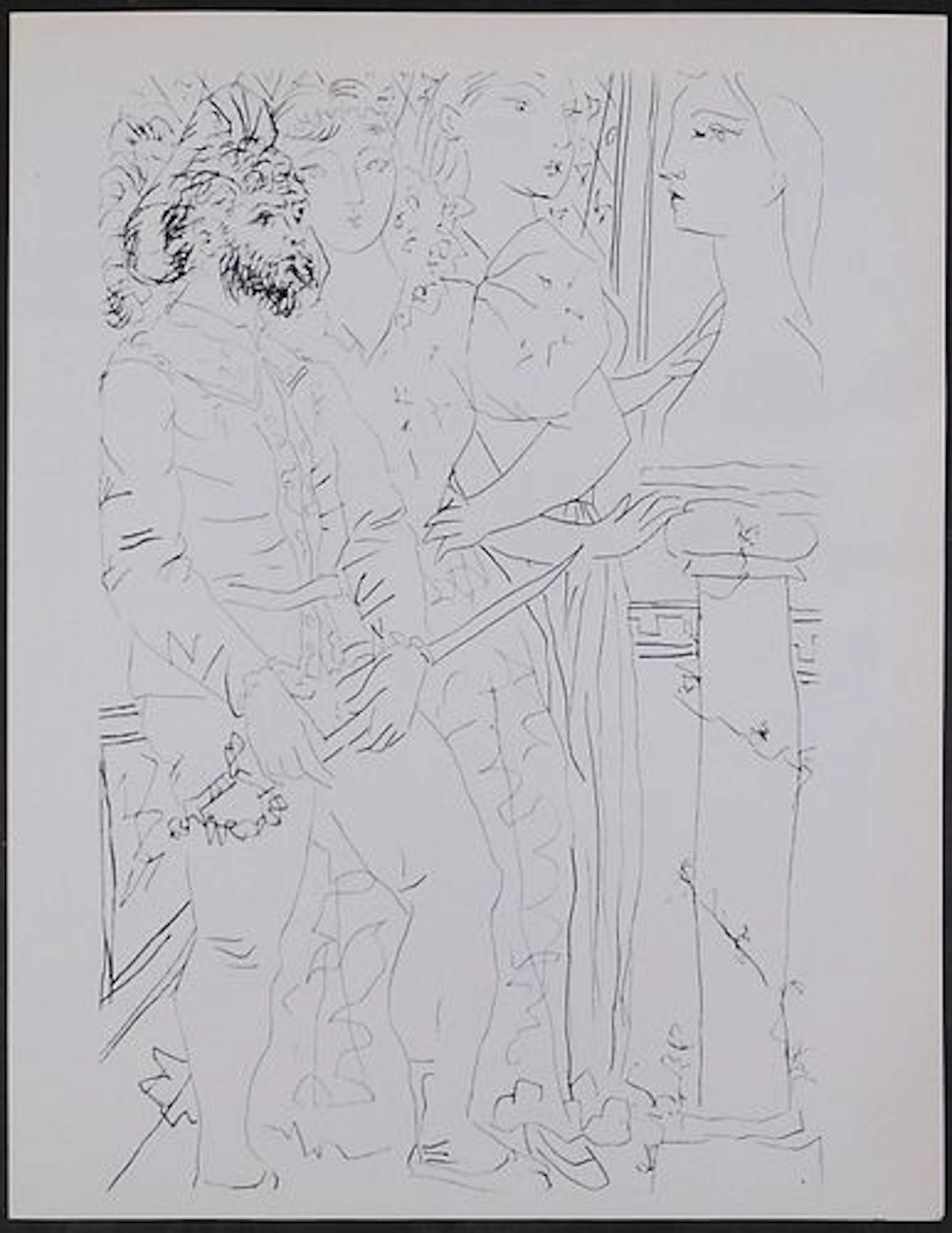 Style of Pablo Picasso: Costumed figures and sculpted Head and Four