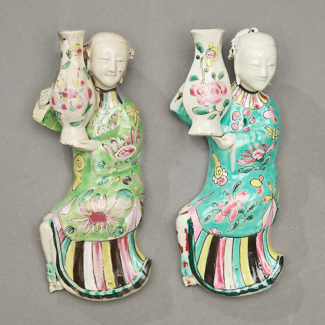 Pr Chinese Export Famille Rose Maiden Wall Vases