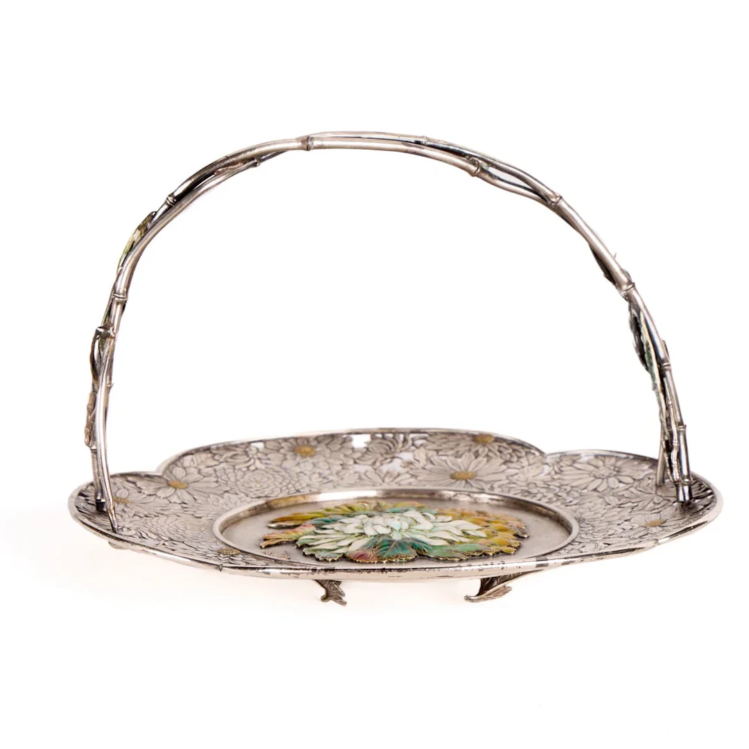 Japanese Meiji Cloisonne & Silver Filigree Basket