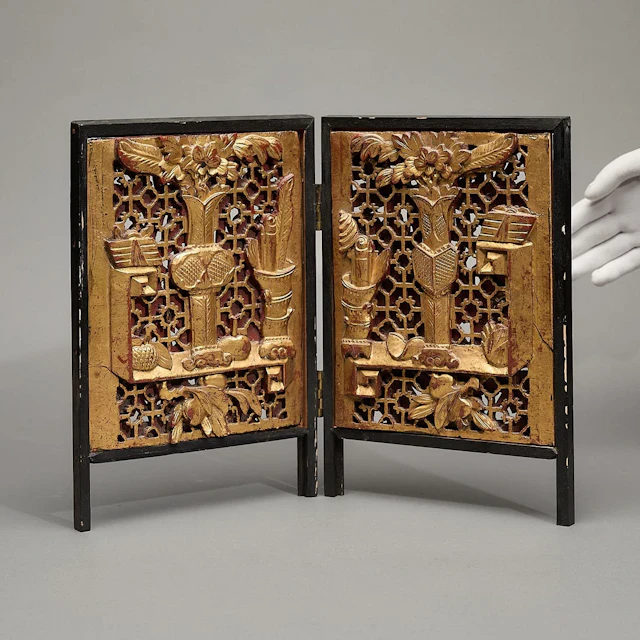 Chinese Carved Giltwood 2-Panel Table Screen