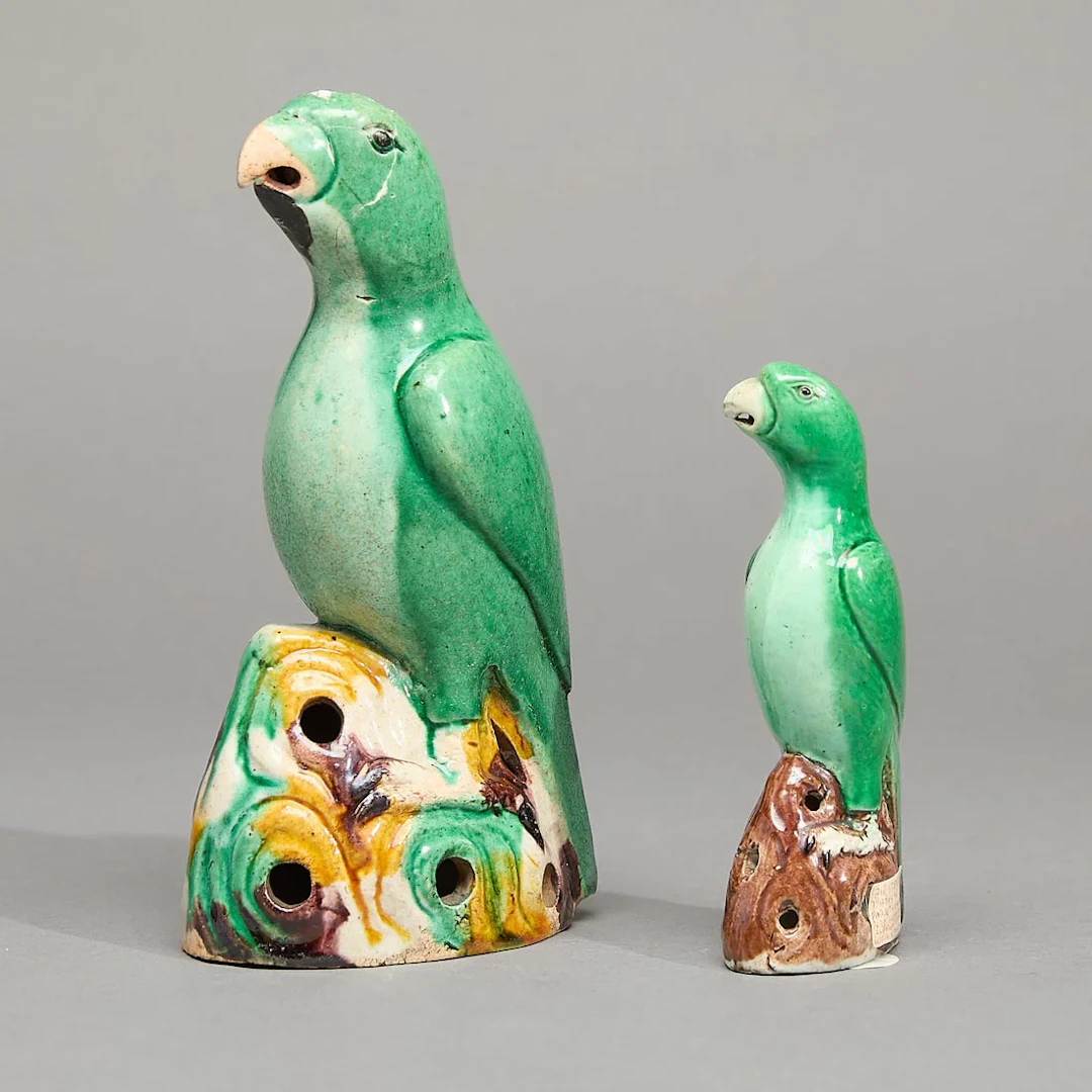 2 Biscuit Glazed Export Parrot Figures