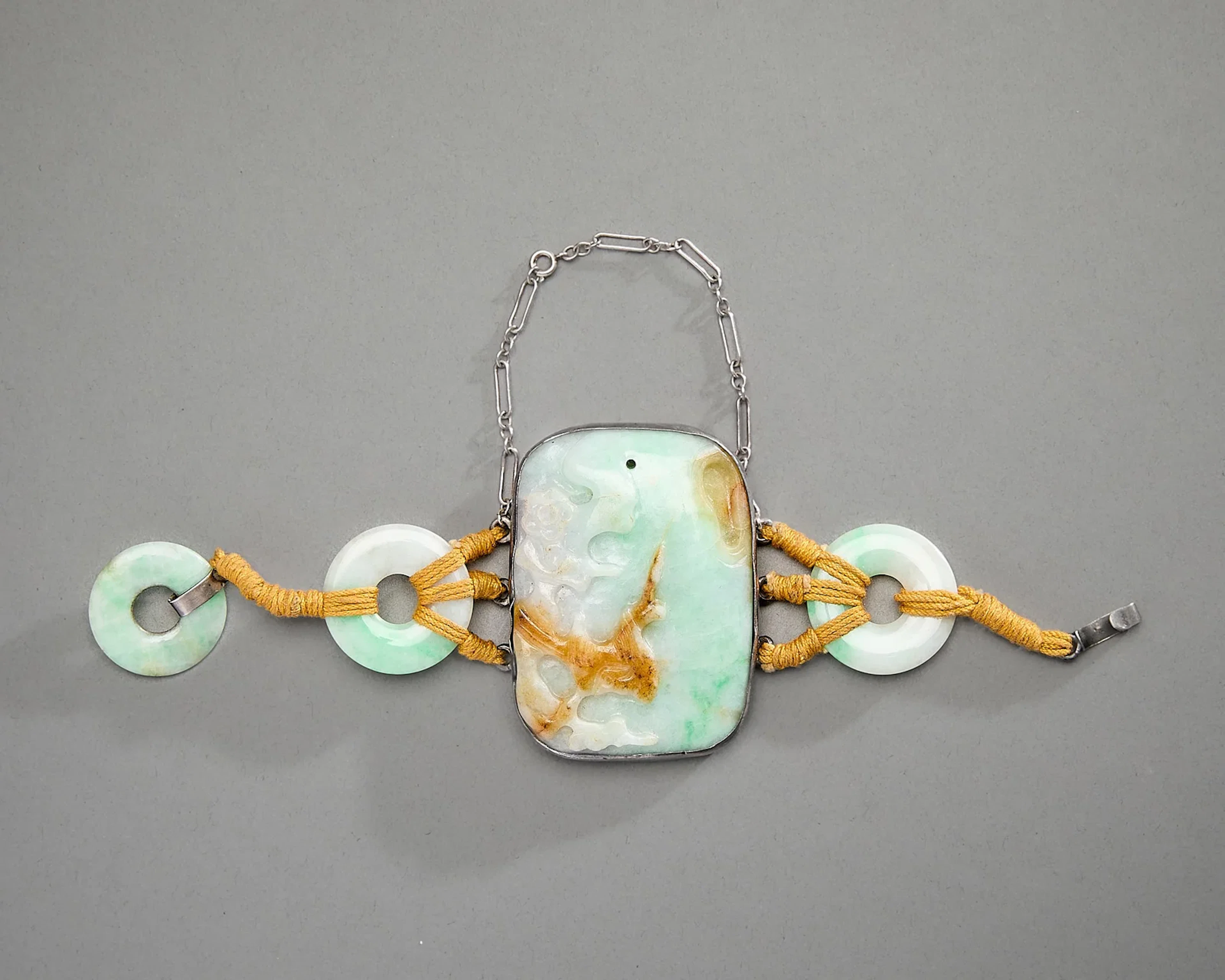 Chinese Qing Fu Lu Shou Jadeite Pendant Bracelet