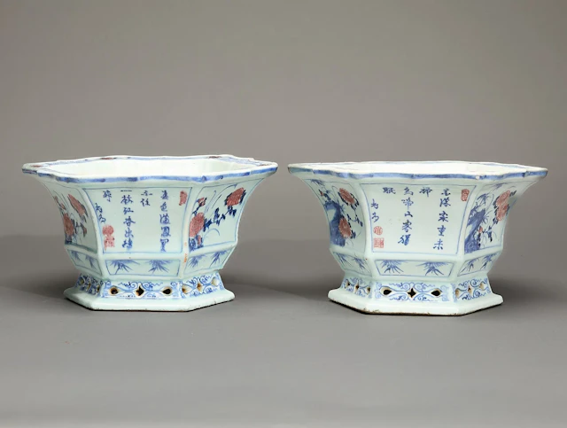 Pair Chinese Export Imari Hexagonal Jardinieres
