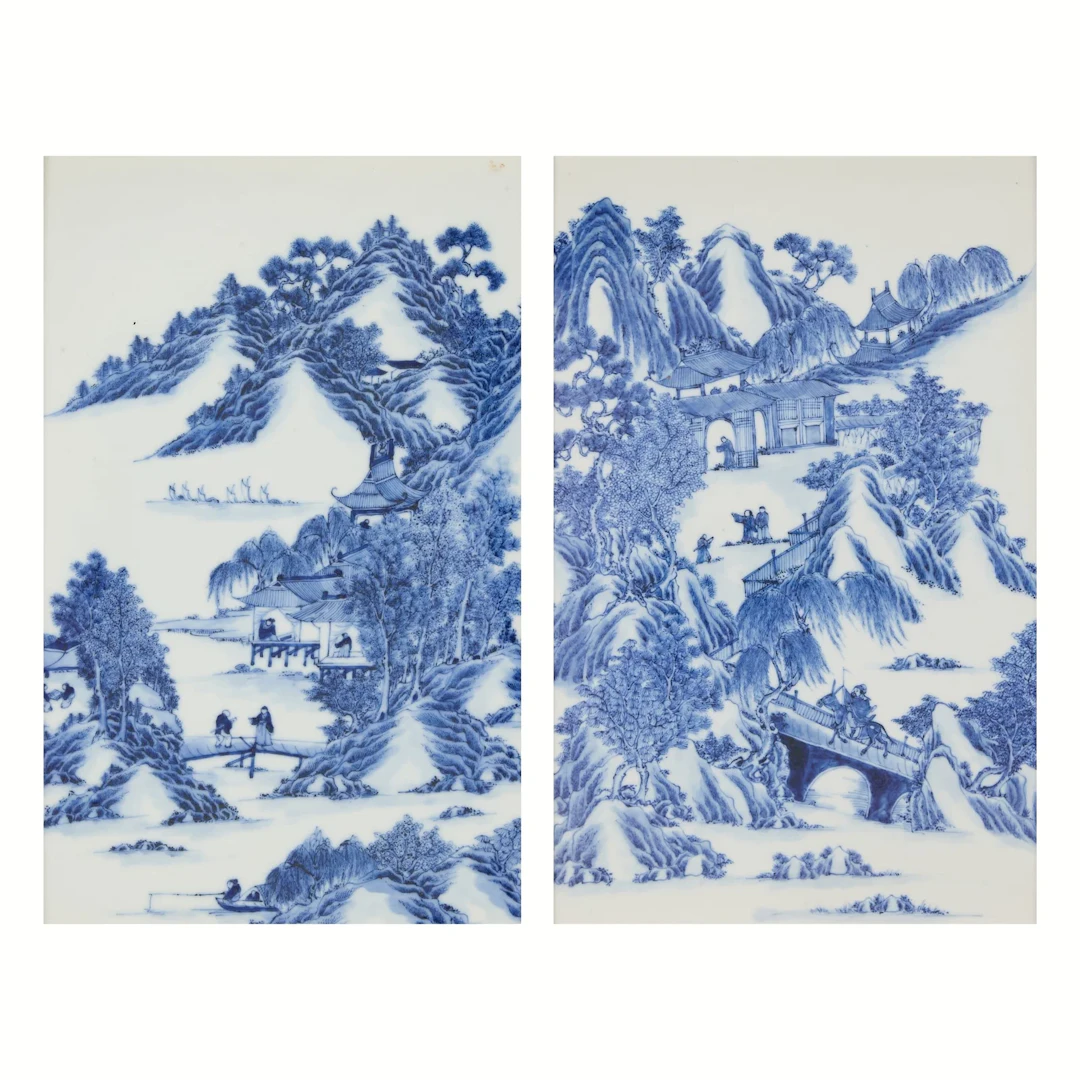Pr Large Chinese Qing B&W Porcelain Plaques