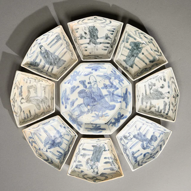 9 Pc Set Bihn Thuan Shipwreck B&W Porcelain Dishes