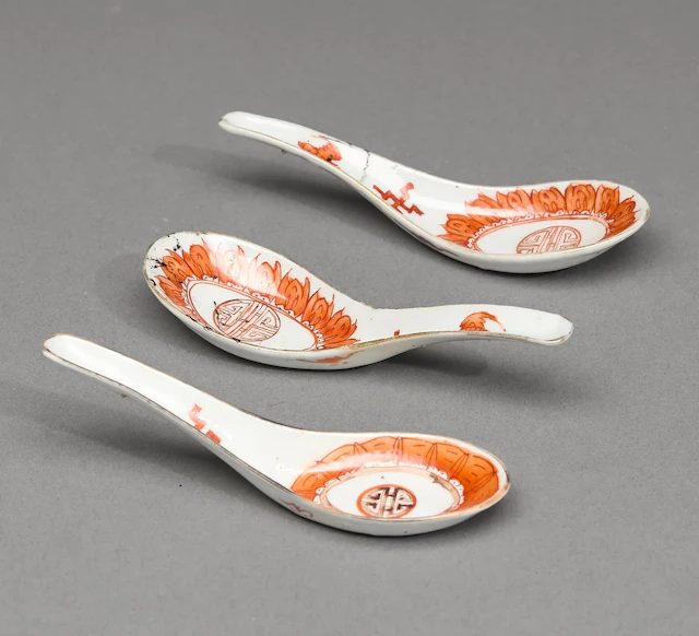 3 Chinese Porcelain Iron Red Soup Spoons