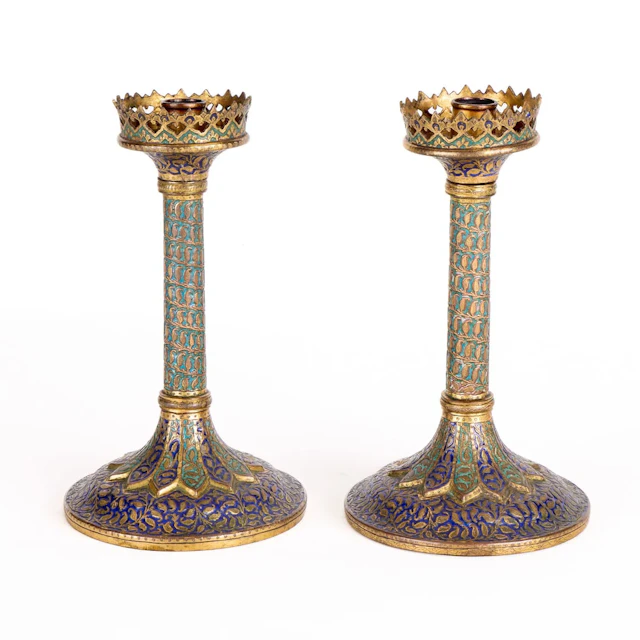 Pr 19th c. Indian Enamelled Copper Candlesticks