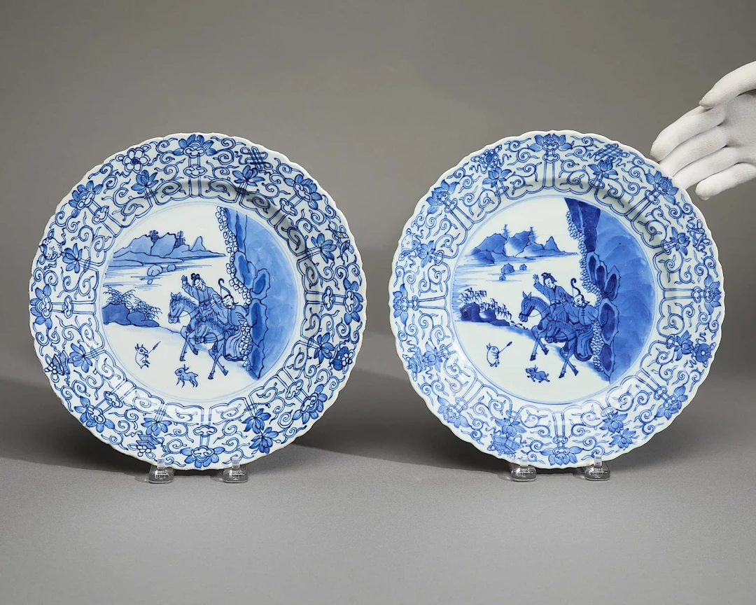 Pair Rabbit Hunting Blue & White Plates