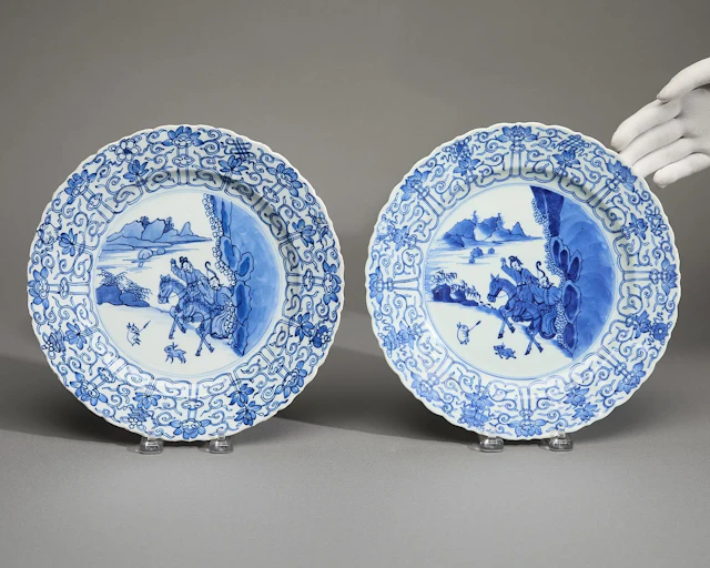 Pair Rabbit Hunting Blue & White Plates