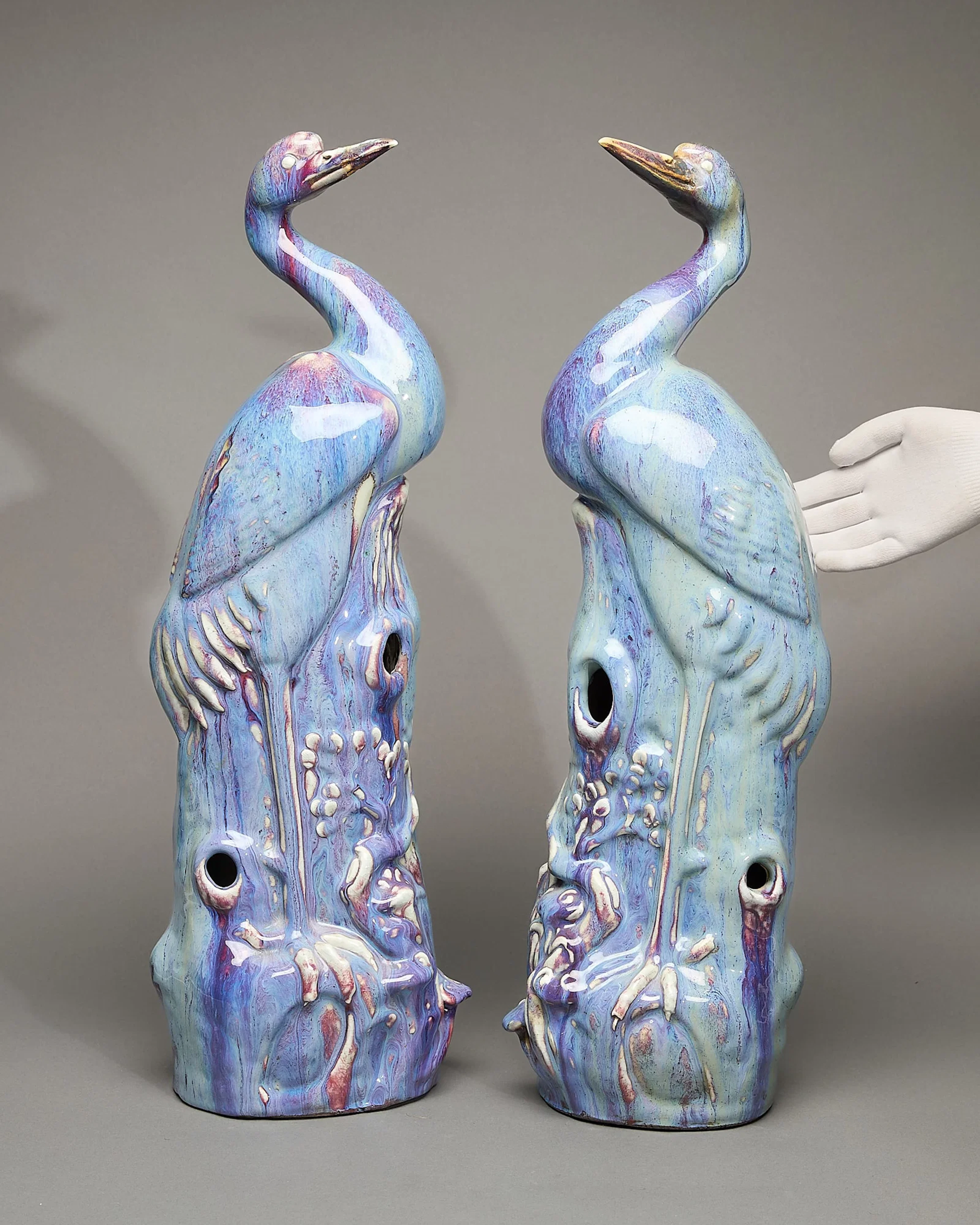 Pair Large Chinese Export Flambe Glazed Cranes