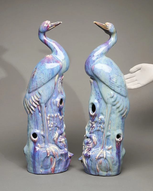 Pair Large Chinese Export Flambe Glazed Cranes
