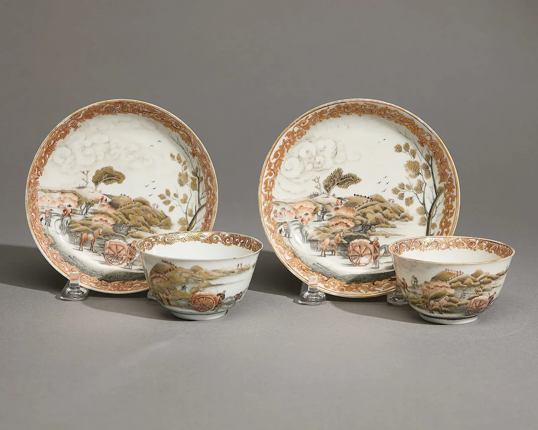 Pair European Style Tea Bowls & Saucers