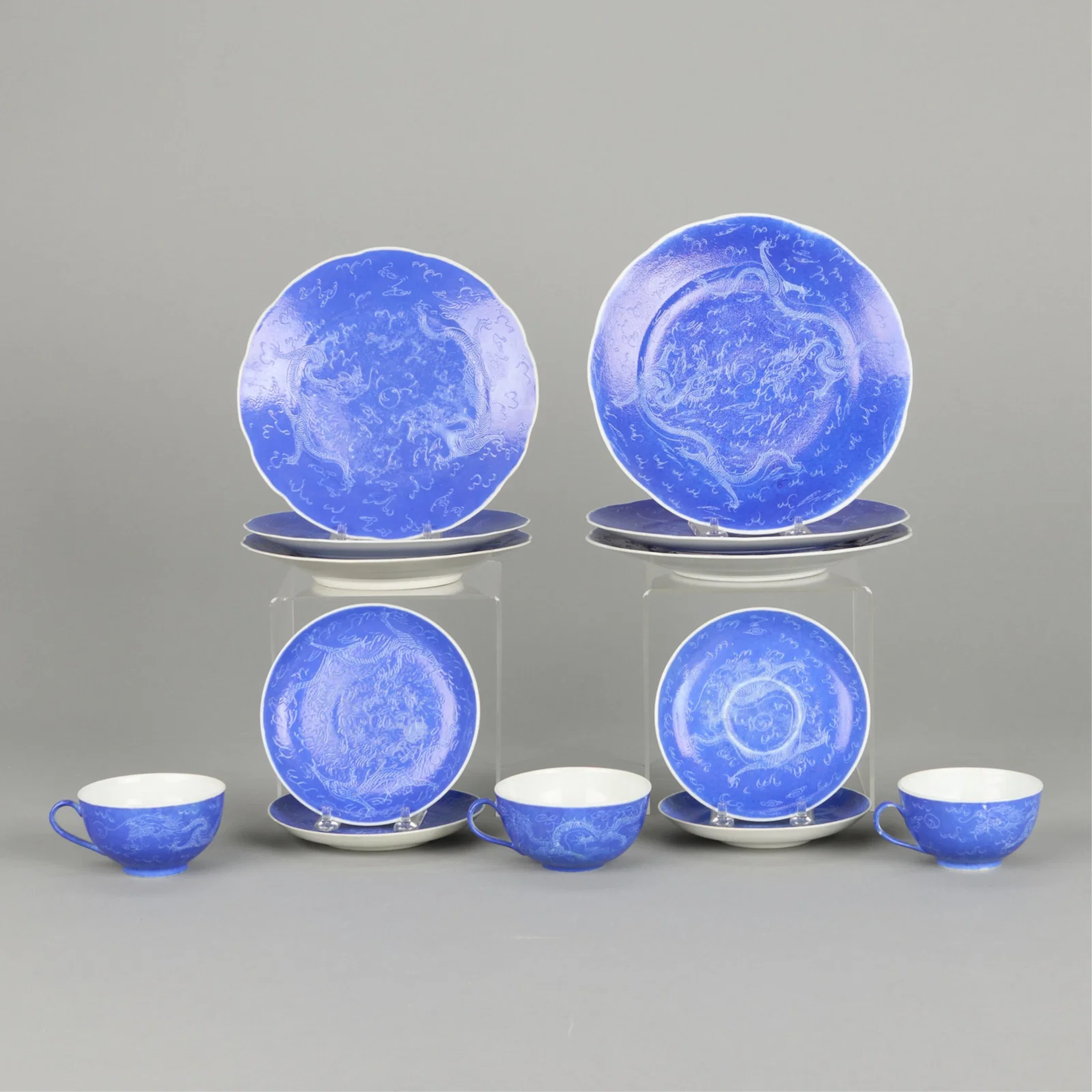 Set 13 Chinese 20th c. Sgraffito Porcelain Dishes