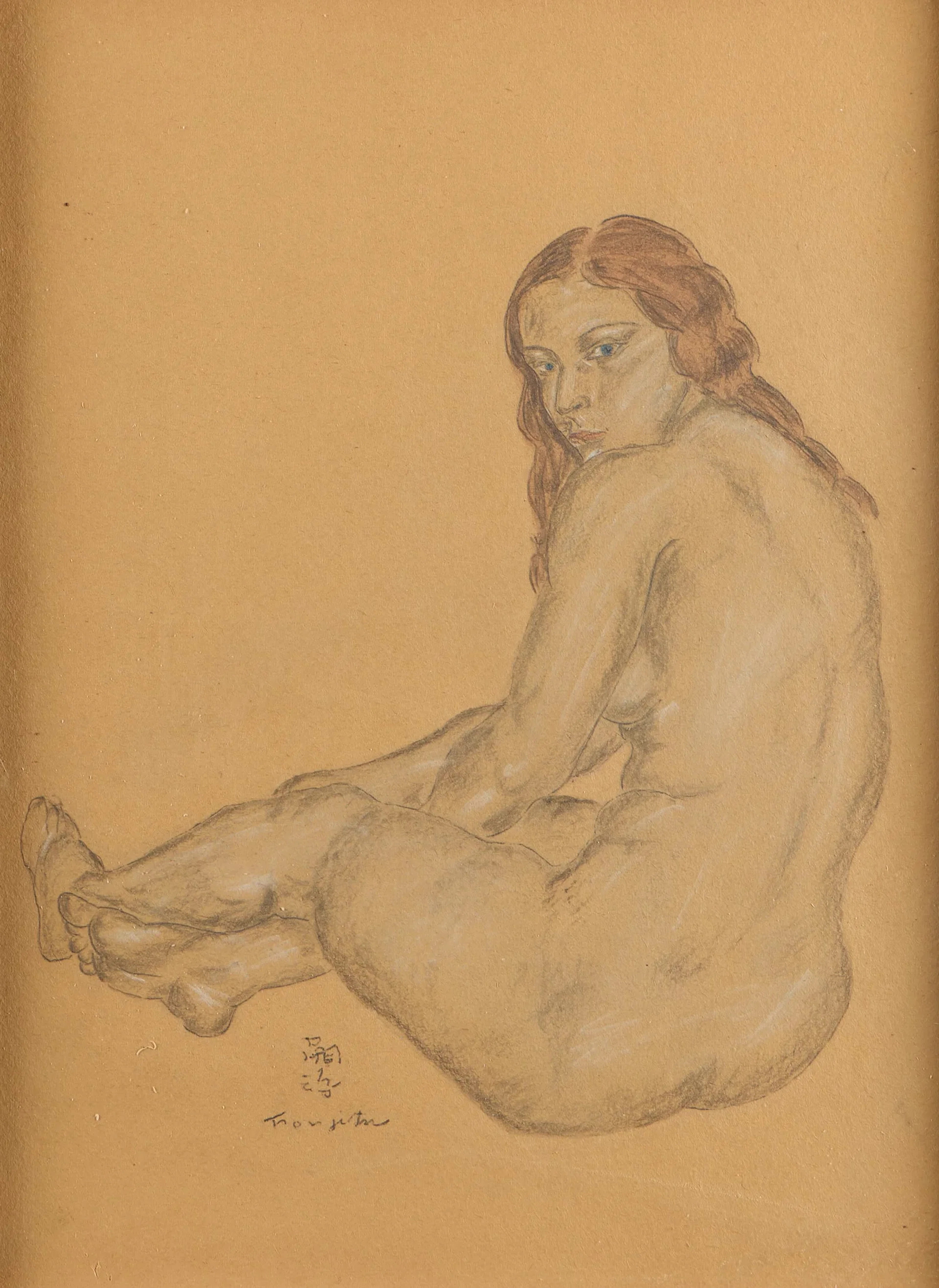 Style of Foujita Seated Female Nude Drawing