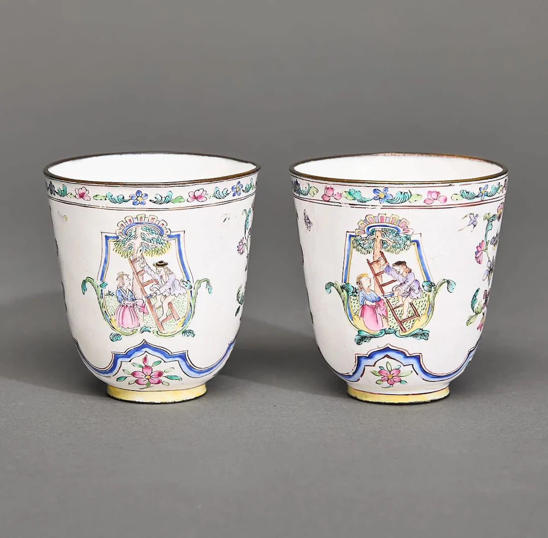 Rare Pair European Subject Enamel Beakers