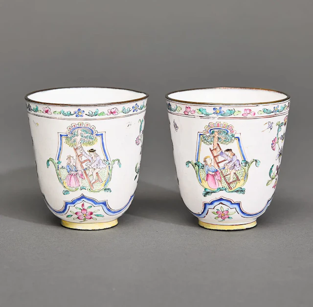 Rare Pair European Subject Enamel Beakers