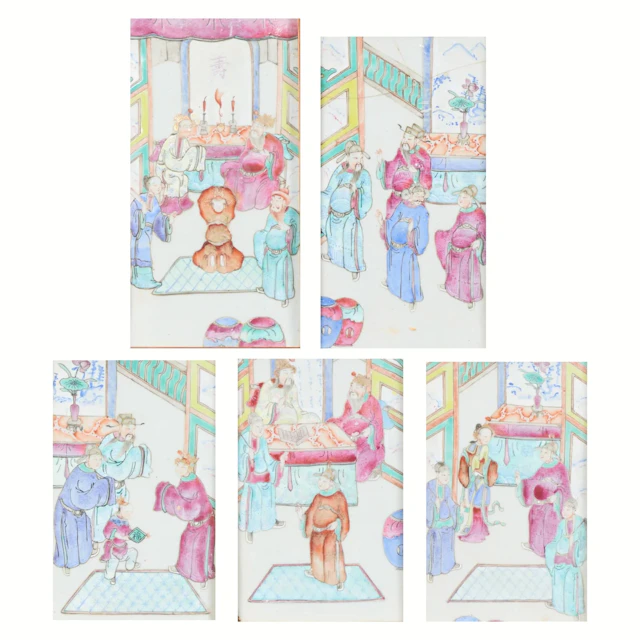 5 Chinese Famille Rose Porcelain Figural Plaques